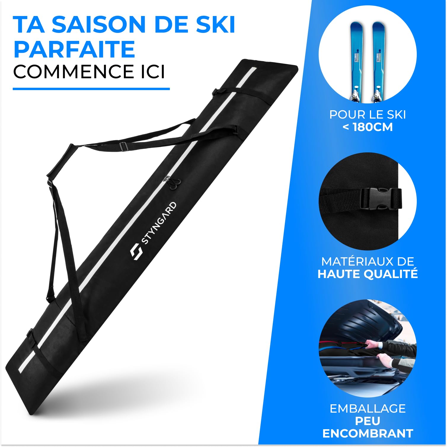 STYNGARD Housse à Skis [ à 180 cm] - Sac à Skis en matériau Robuste avec Fermetures éclair de Haute qualité - Modèle Aspen