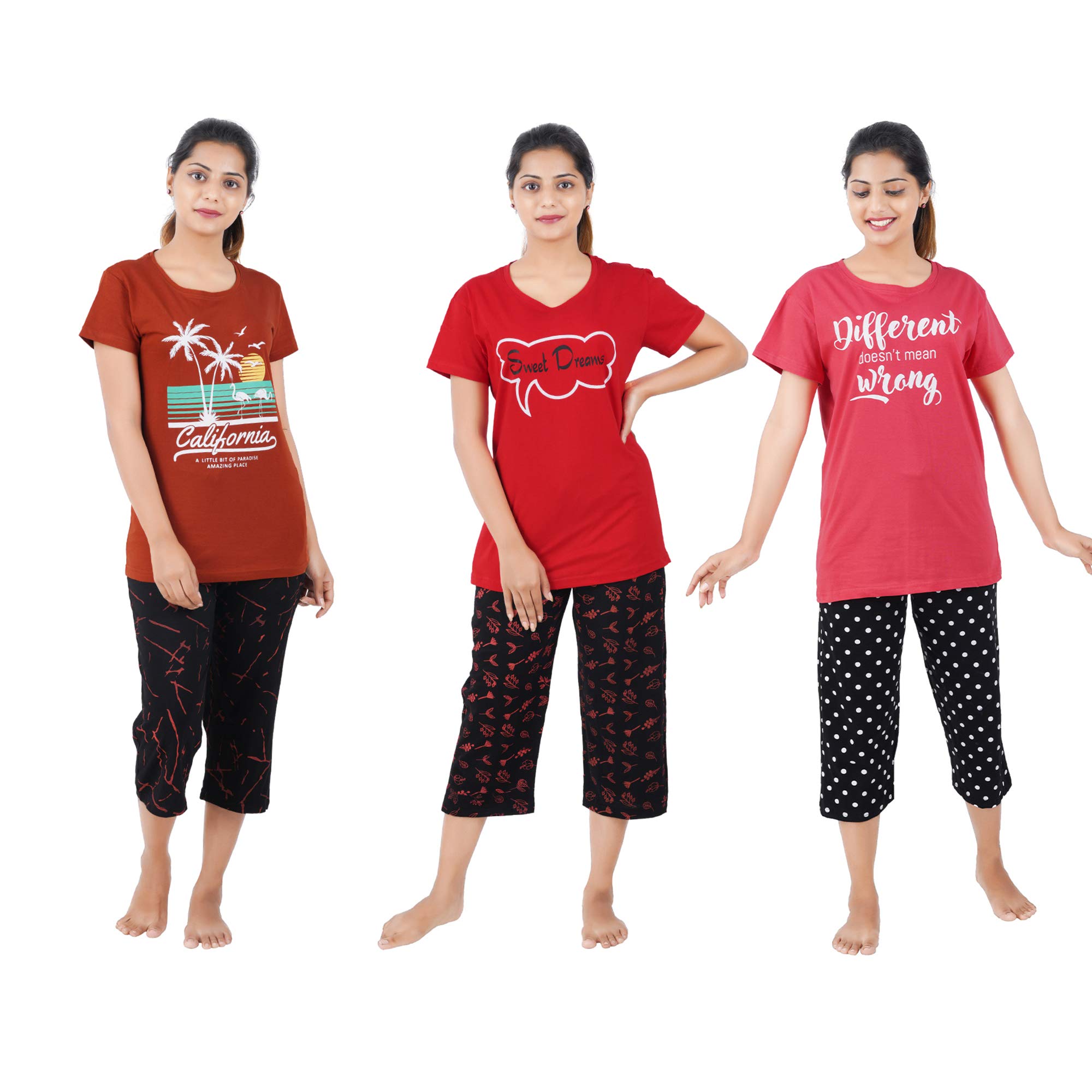 Buy That Trendz Cotton Printed Top Women's & All Over Print Capri Pyjama Set/Pajama Night Suit Set/Sleep wear Set/Loungewear Set California Rust Dreams Red Happy Rani Pink Combo Pack