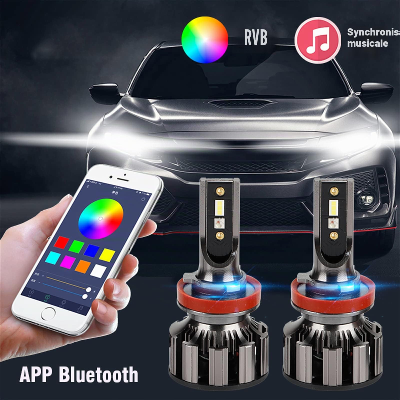 Kit De Conversion De Phare De Voiture RGB LED APP Bluetooth Control Car LED Light Headlamp Muticolor LED Ampoules, IP68 Étanche, Lot De 2,H7