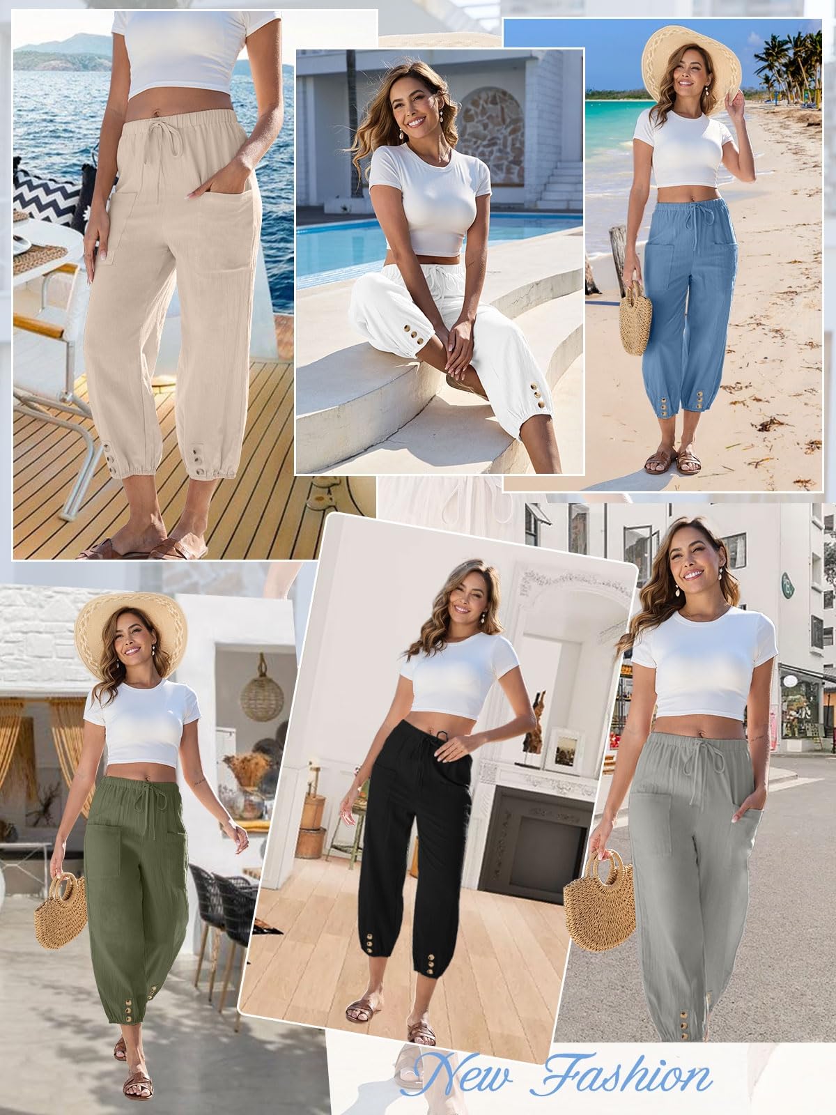 Yutdeng Pantalon Lin Femme Été Pantalon Femme Taille Elastique 7/8 Large Pantalons pour Femmes Coton Taille Haute Pantacourt Ample Pants Décontracté Rétro Léger avec Poches Sport Jogging Plage Yoga