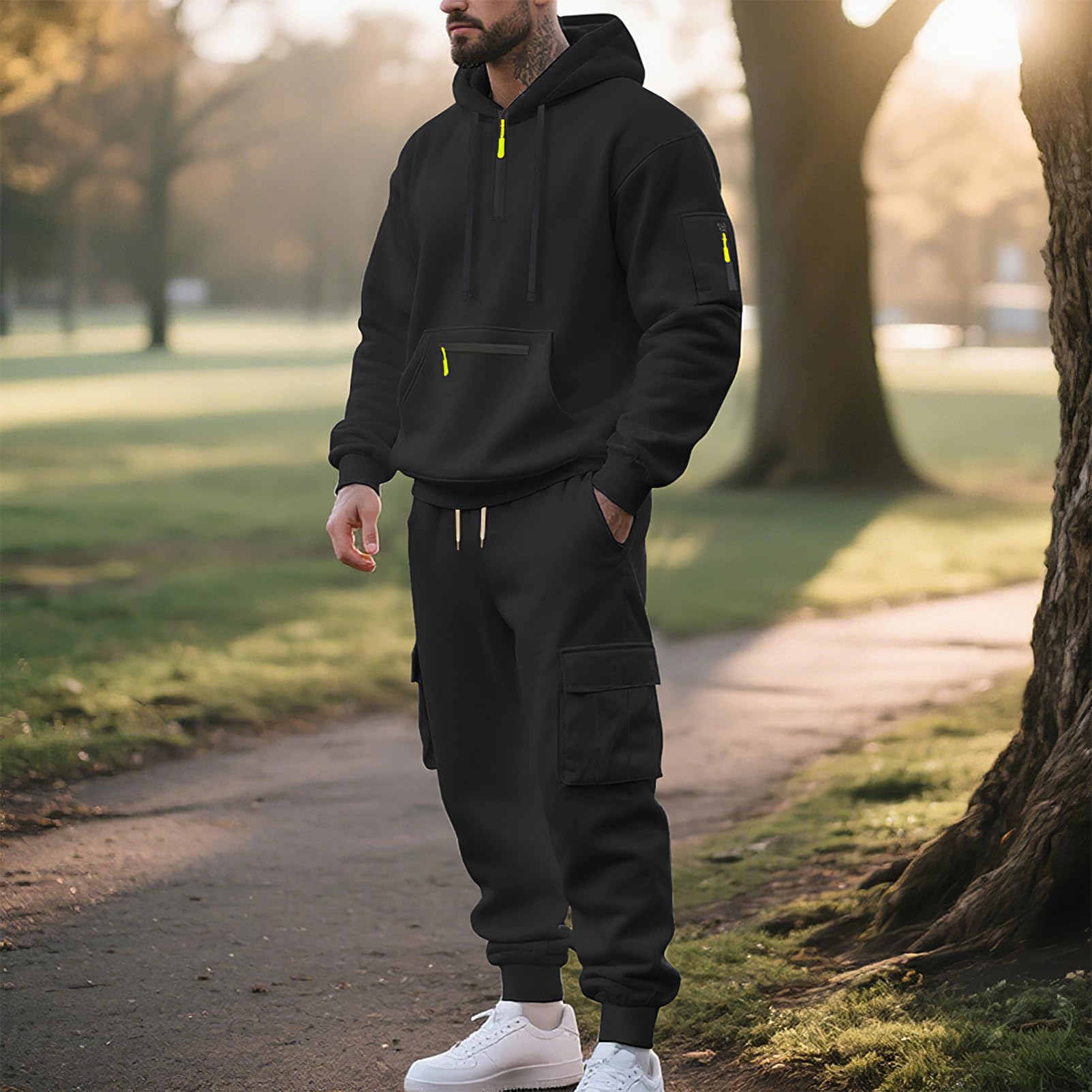 amropi Tuta da Ginnastica con Cappuccio da Uomo Felpa con Cerniera 1/4 e Pantaloni Cargo Sportivo da Jogging Set