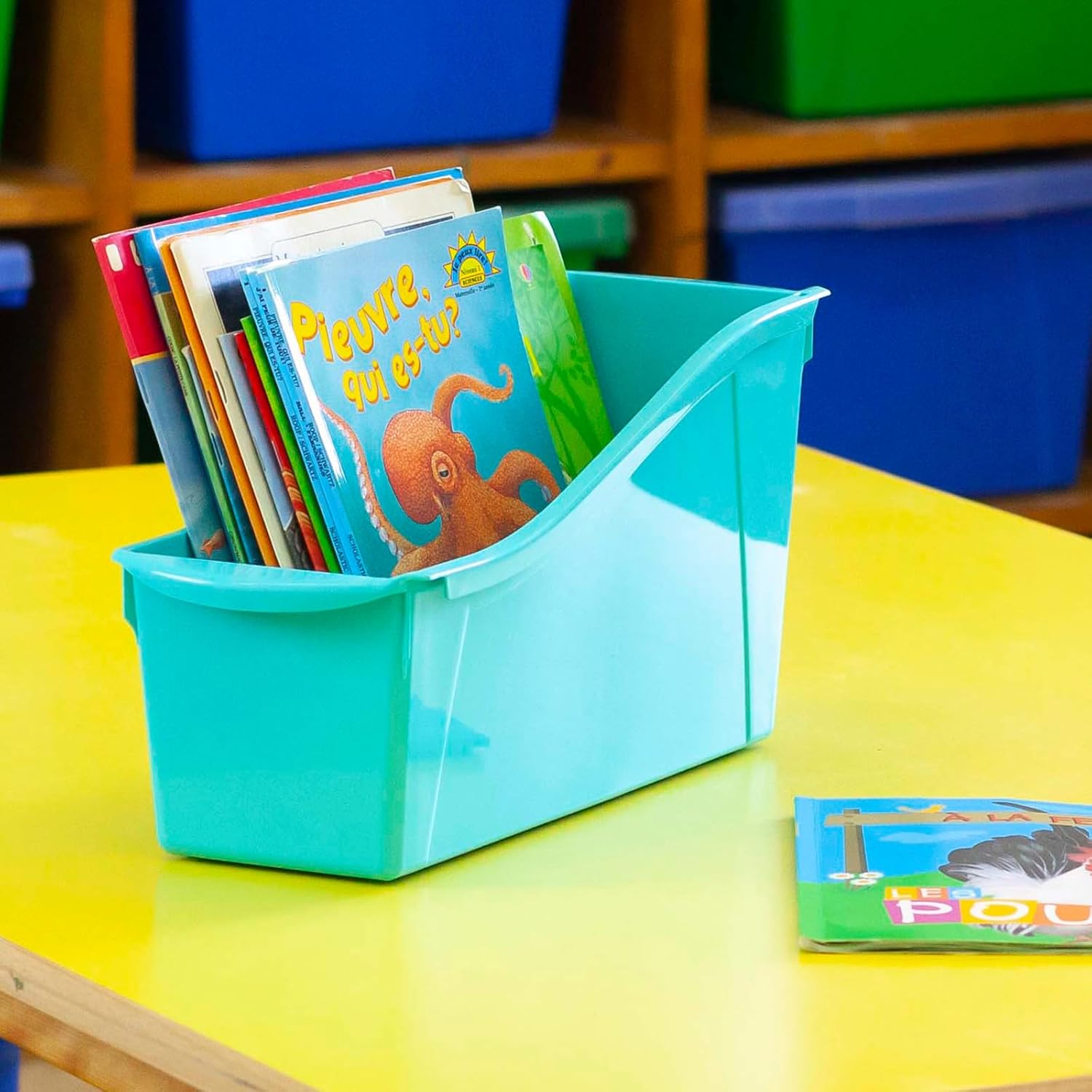 Storex Interlocking Book Bin, Large, 14-1/4 x 5-1/4 x 7 Inches, Blue