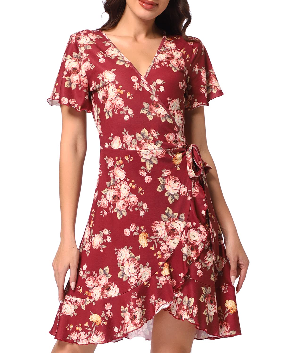 ZCDODF Womens Summer Wrap V Neck Short Sleeve Ruffle Hem Belted Aline