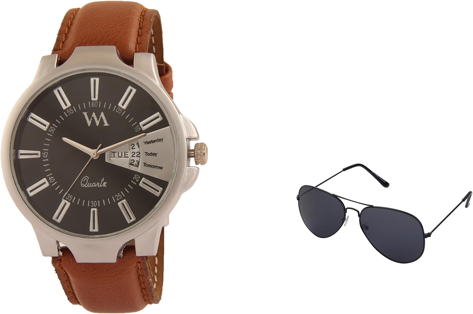 Watch Me Combo Set of Sunglasses and Black Dial Brown Leather Strap Day and Date Analogue Quartz Women's Watch
