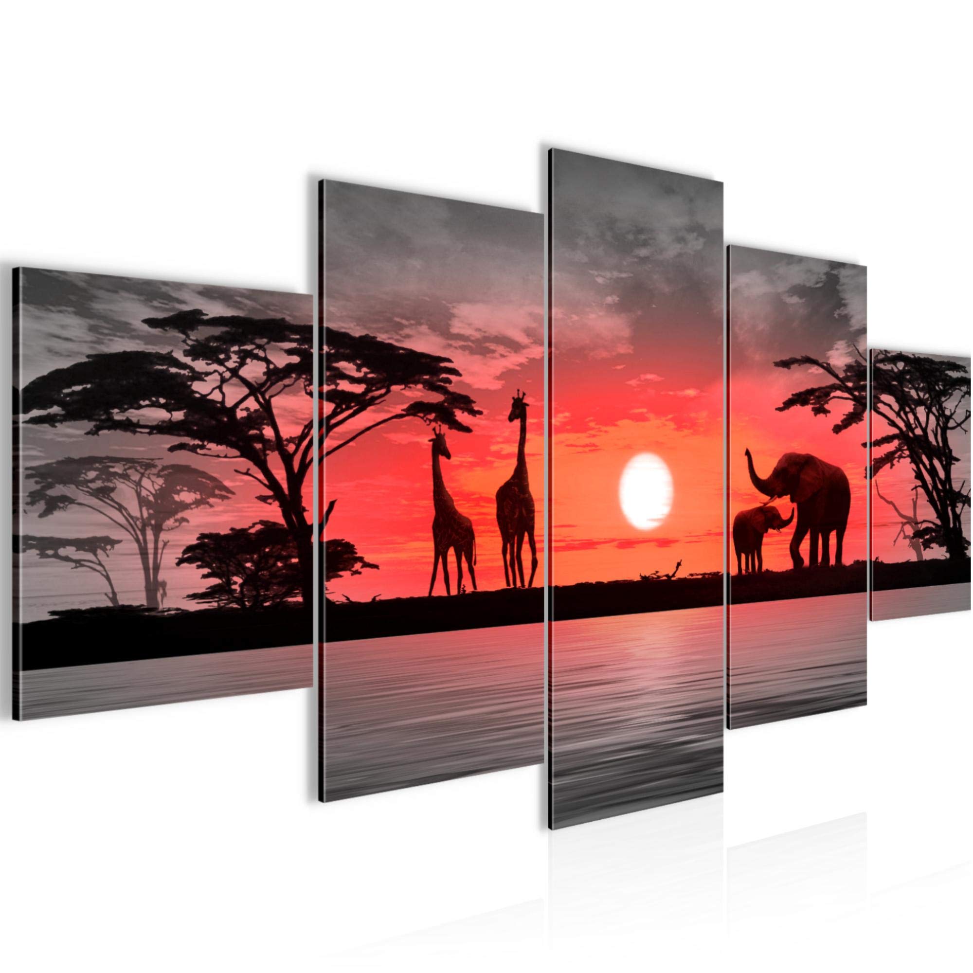 Runa Art African Sky B - Wall Pictures Africa Sunset 200 X 100 Cm 5 Parts Xxl Wall Art Non-Woven Canvas Gray Orange 000251B