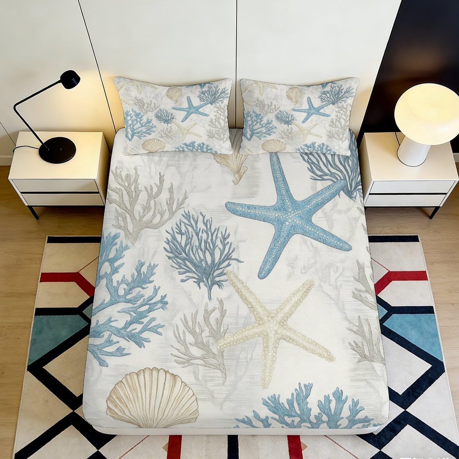 3D Printed Ocean Starfish Fitted Sheet Microfiber Soft Breathable Coral Mattress Cover for Bedroom Decor 90x200x25cm