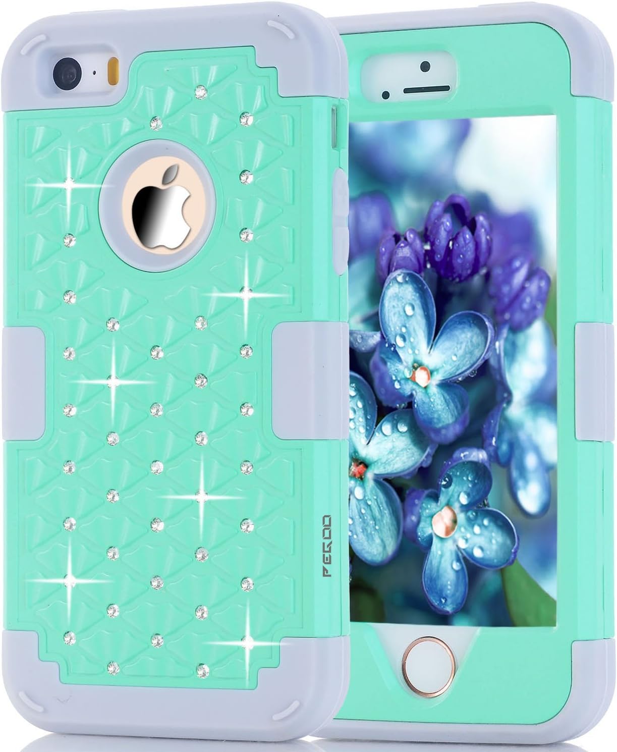 iPhone SE Case,iPhone 5 Case, Shockprooof Armor Hybrid Triple Layer Combo Case with Soft Silicone Inner Skin and Rugged Hard Plastic Rhinestone Outer Shell for Apple iPhone 5 5S SE(Mint Gray)