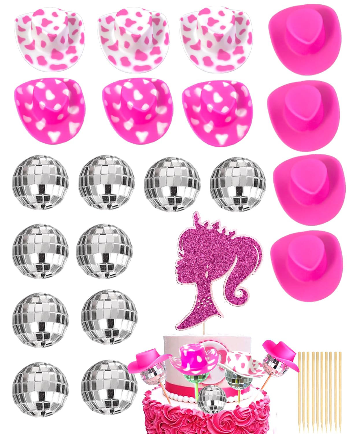 HXJFGDM Hot Pink Girl Cake Toppers - 20Pcs Disco Cowgirl Cake Decoration,10PCS Disco Ball Cake Toppers,10PCS Mini Cowboy hat for crafts