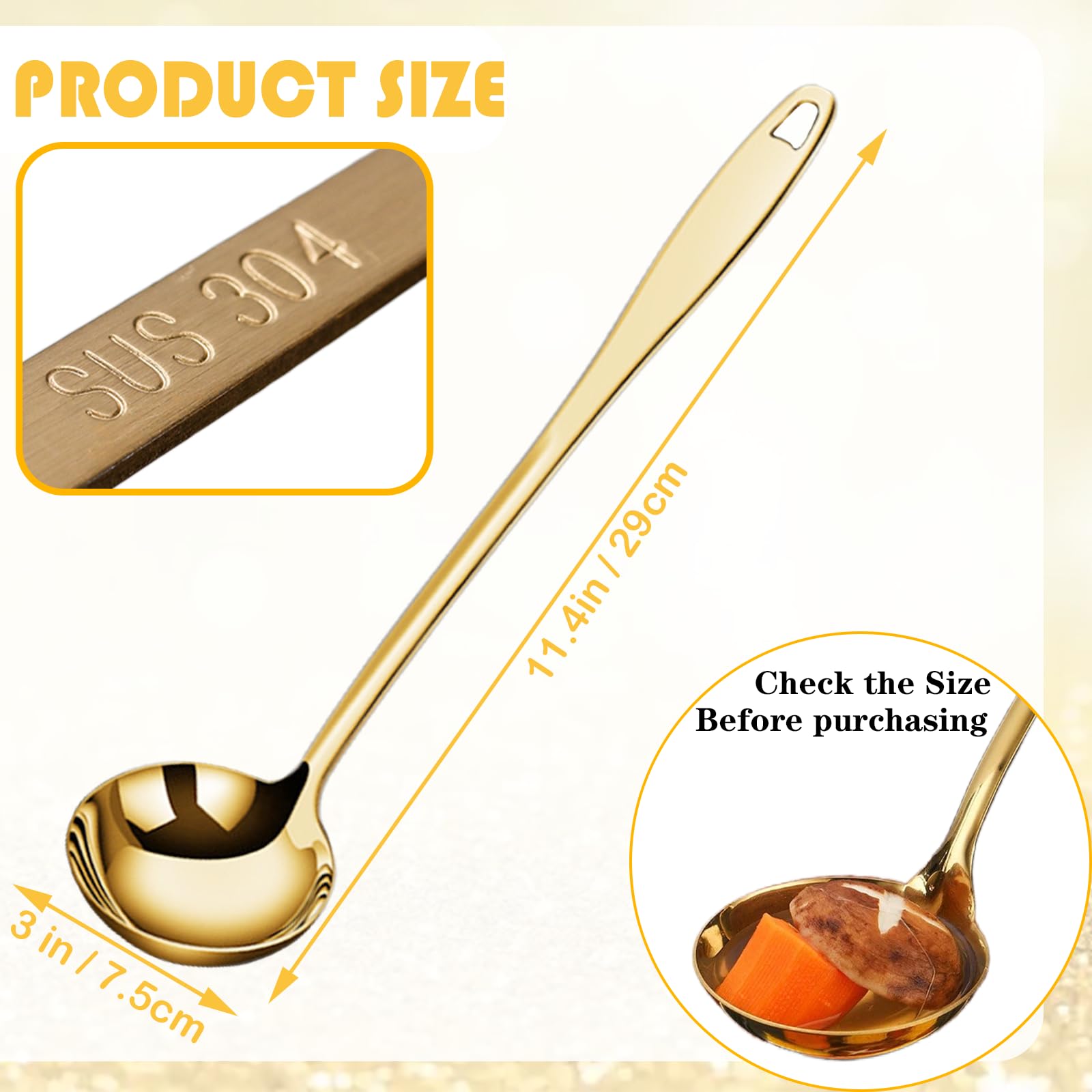 Bigwinyep Soup Ladle Soup Spoons 304 Stainless Steel Gold Ladle, 12.2Inch Long Handle Large Serving Spoon for Cooking Buffet, Party, Kitchen, Gold