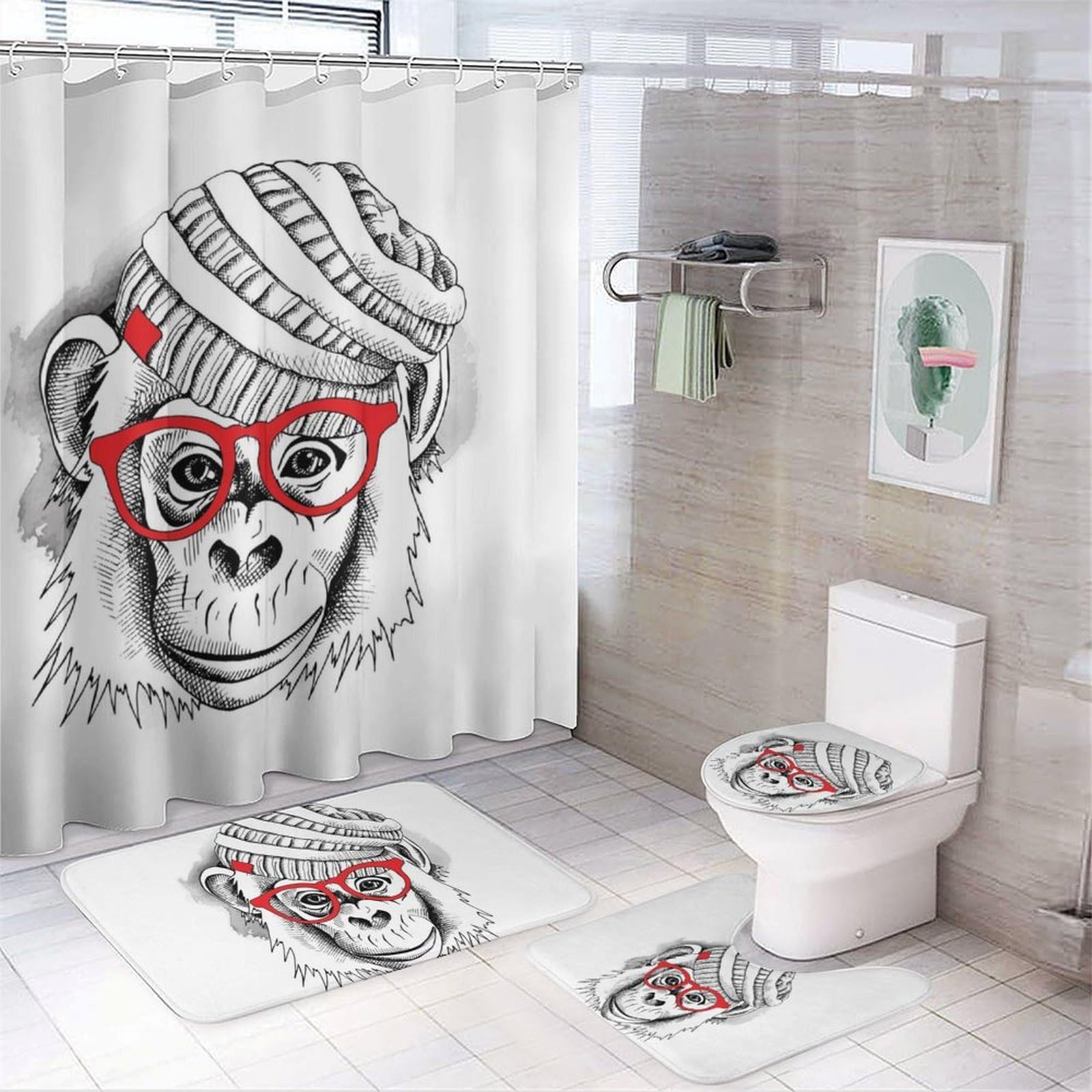 JiuPopular Bathroom Mat Set 4 Piece, Cute Monkey with Glasses Shower Curtain with Non-Slip Bath Mats for Bathroom