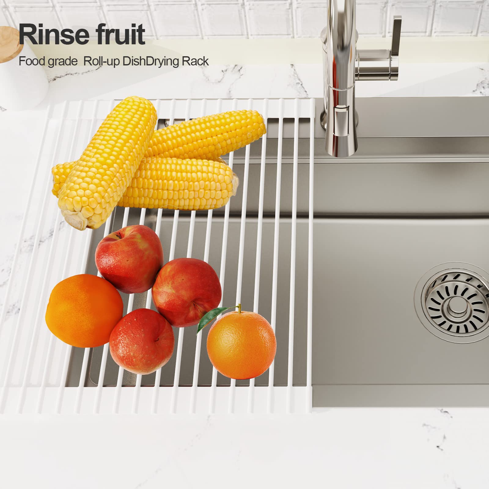 Scolapiatti da Appoggio per Lavello - Scolapiatti pieghevole per Lavandino - Gocciolatoio Cucina per Scola Stoviglie Verdure Frutte (Silicone & 43 * 33cm) - Bianco