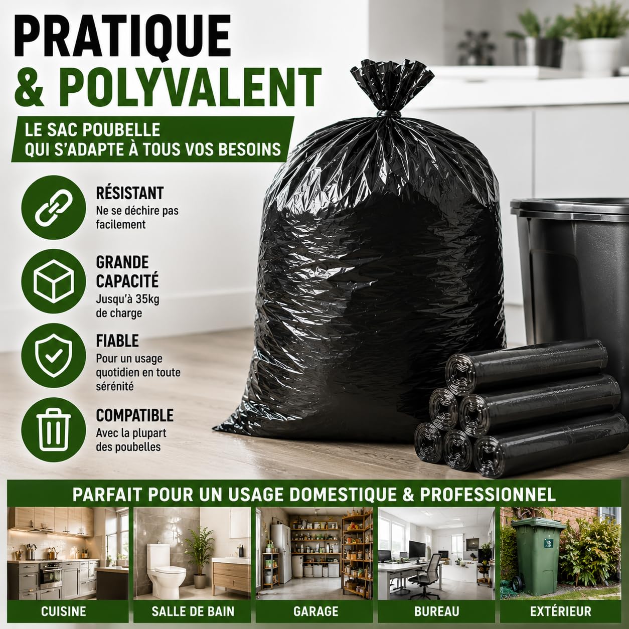Bolsa de basura reforzada 150L | 50 bolsas ultra resistentes PEBD | Capacidad 35kg | Bolsa profesional antifugas y antidesgarros | Residuos pesados y cortantes | Trabajos, Oficinas, Comercios