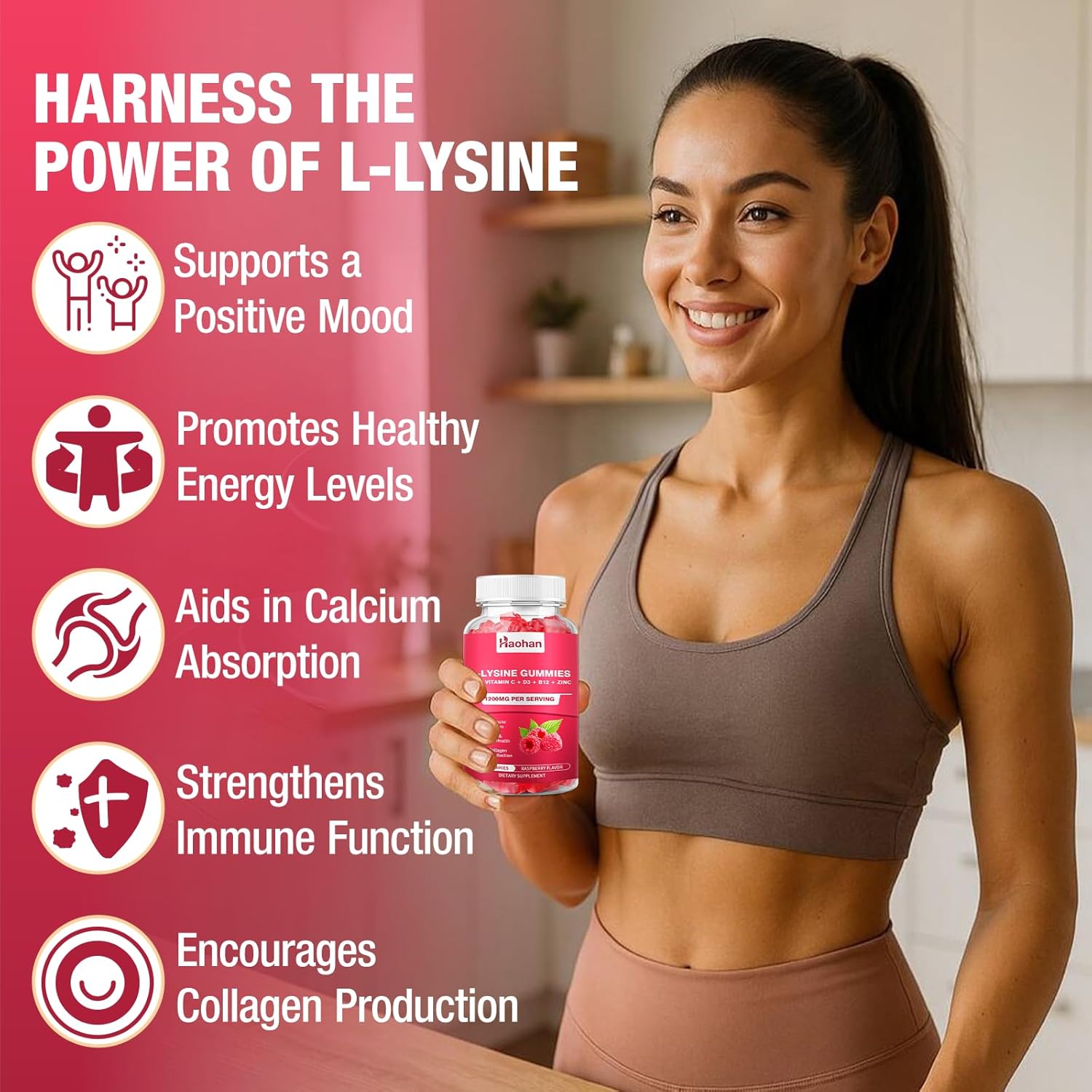 Haohan L-Lysine 1200mg Gummies for Immune Support & Skin Health - High Potency Vegan Gummies, Sugar-Free Raspberry Flavor for Adults & Kids - 120 Count