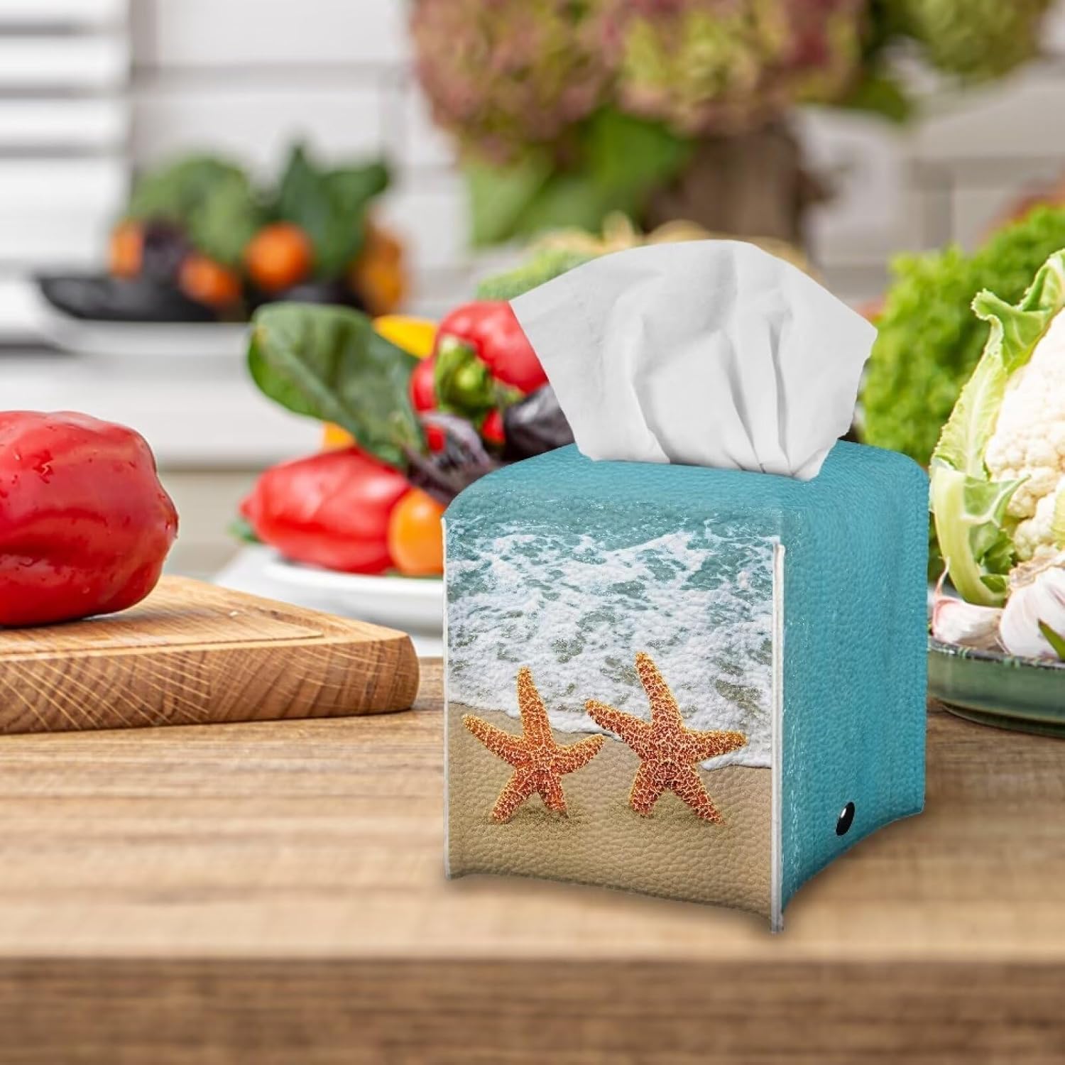 Beach Starfish Tissue Box Cover PU Leather Tissue Holder Square Facial Tissue Case Paper Organizer Dispenser for Bathroom Vanity Countertop Tabletop Car image 5