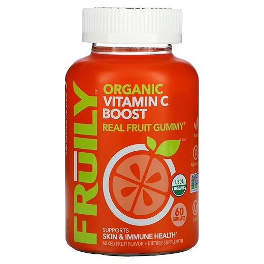 Fruily Organic Vitamin C Gummies - Antioxidant & Immune Support for Health and Wellness - Max Strength Gummy - Real Fruit & Organic Orange Juice, All Natural, Non-GMO, Gluten-Free, Kosher, Vegan