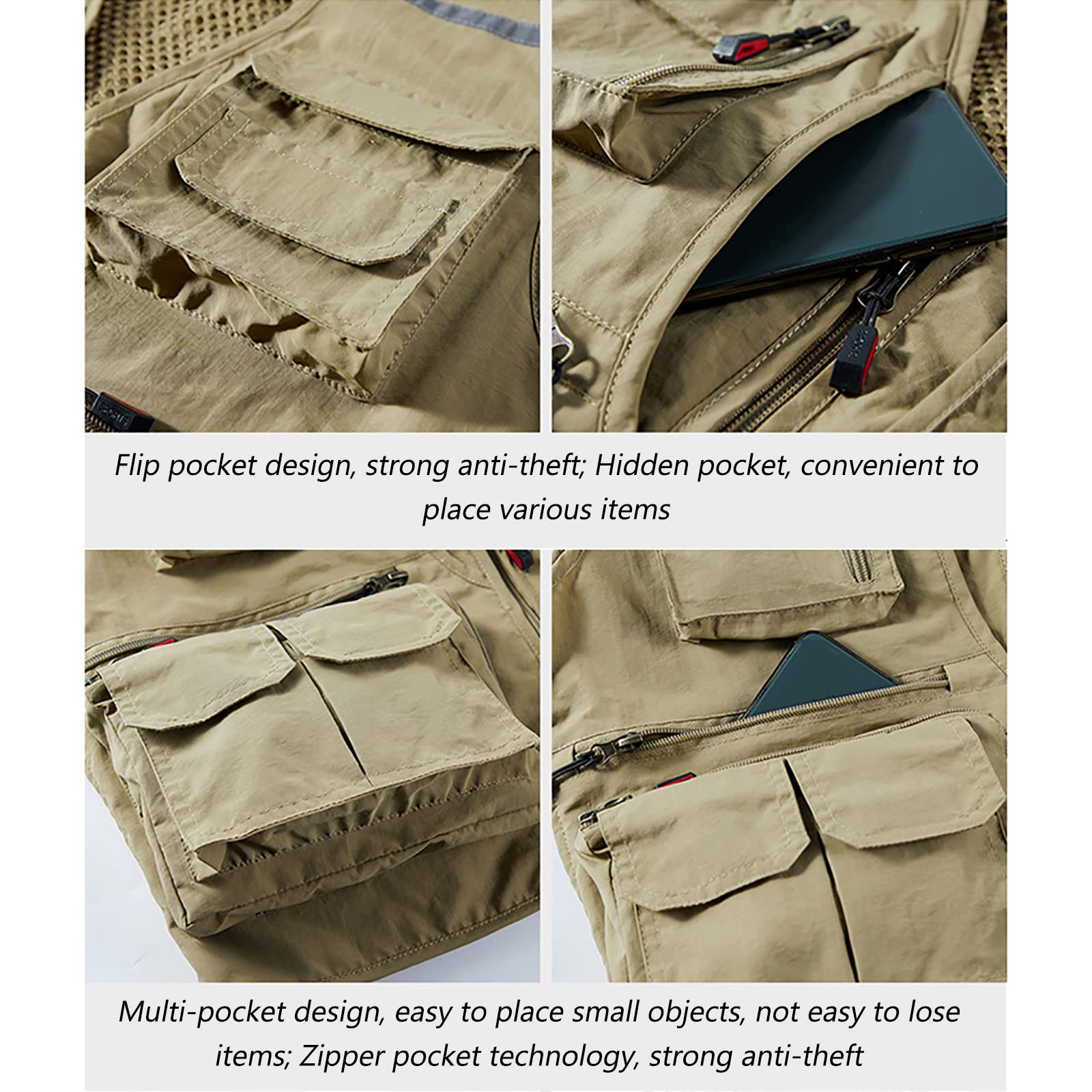 Hombres Chaleco de Pesca Secado Rápido Malla Respirable con Multibolsillos para Fotografía Caza Cámping(Size:L,Color:Caqui)