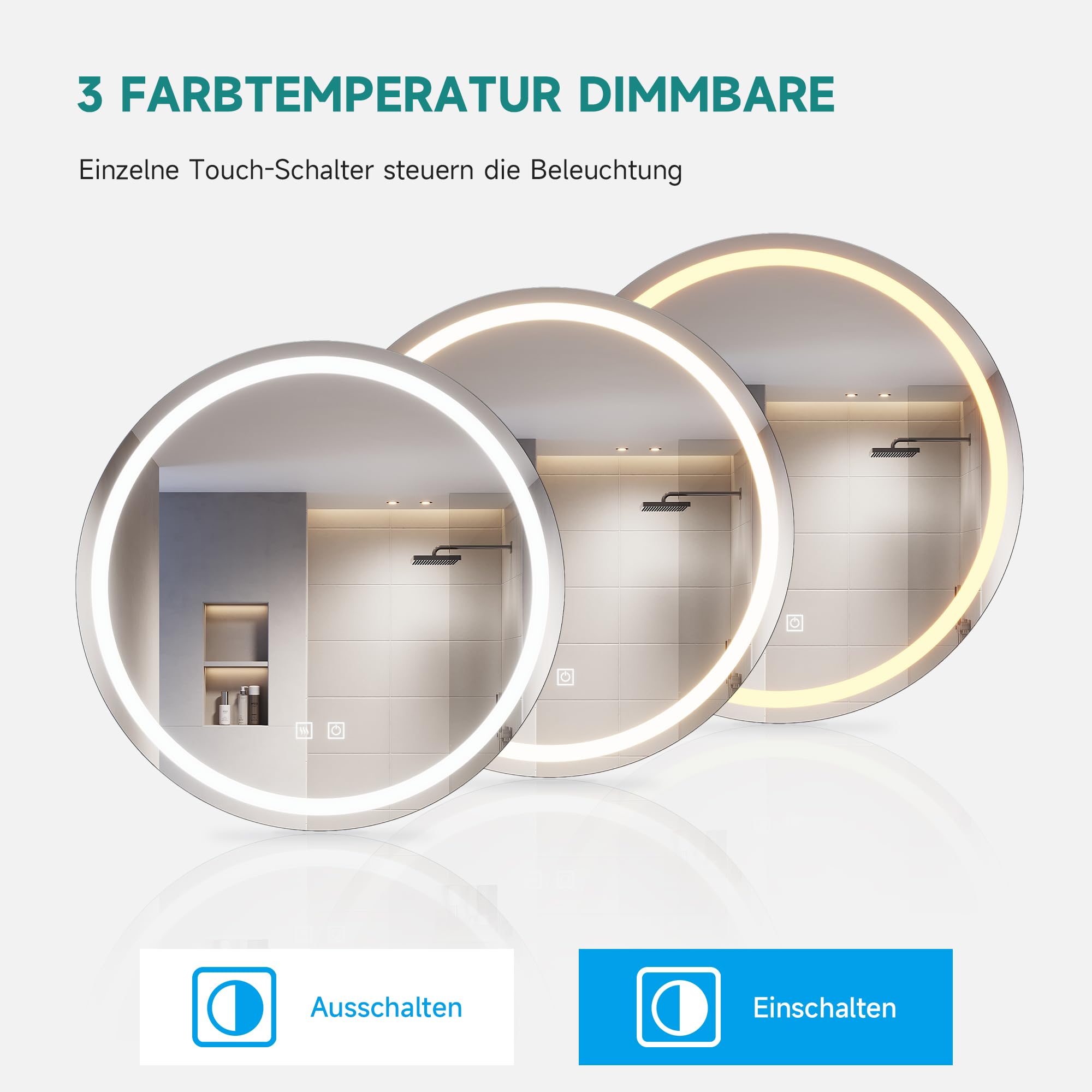 Szafka łazienkowa z lustrem, metalowa szafka z lustrem LED, czarna, z przełącznikiem dotykowym, 3 regulowane kolory światła, bez zaparowania, średnica 60 cm, okrągła