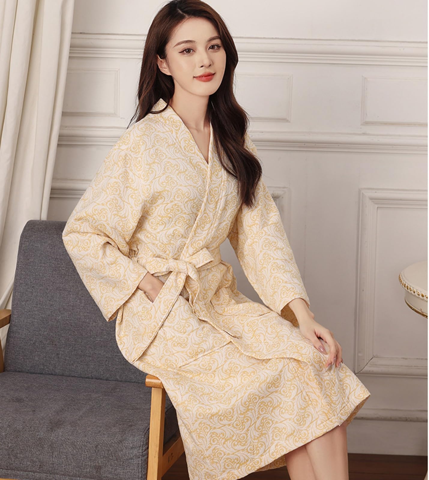 Amazon.com: Kimono Robe Cotton Lightweight Bath Robes Towel Dressing Gown V  Neck Long Sleepwear Loungewear Pocket Dressing Gown for Women.Yellow-XXL :  Clothing, Shoes & Jewelry
