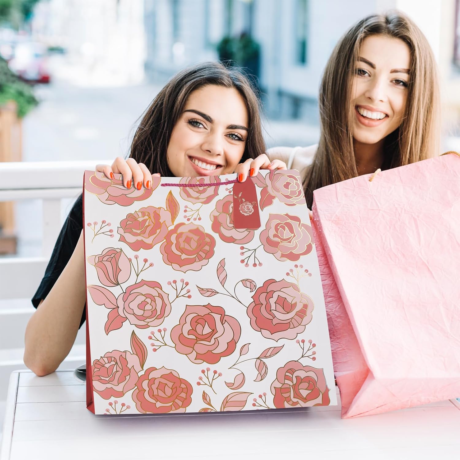 Cheinxy Grand Floral Gift Ensemble: 16.9"x15.7"x7.8" Jumbo Size with Embroidered Handles, Velvet-Touch Tissue & Calligraphy Greeting Card for Premium Event Gifting