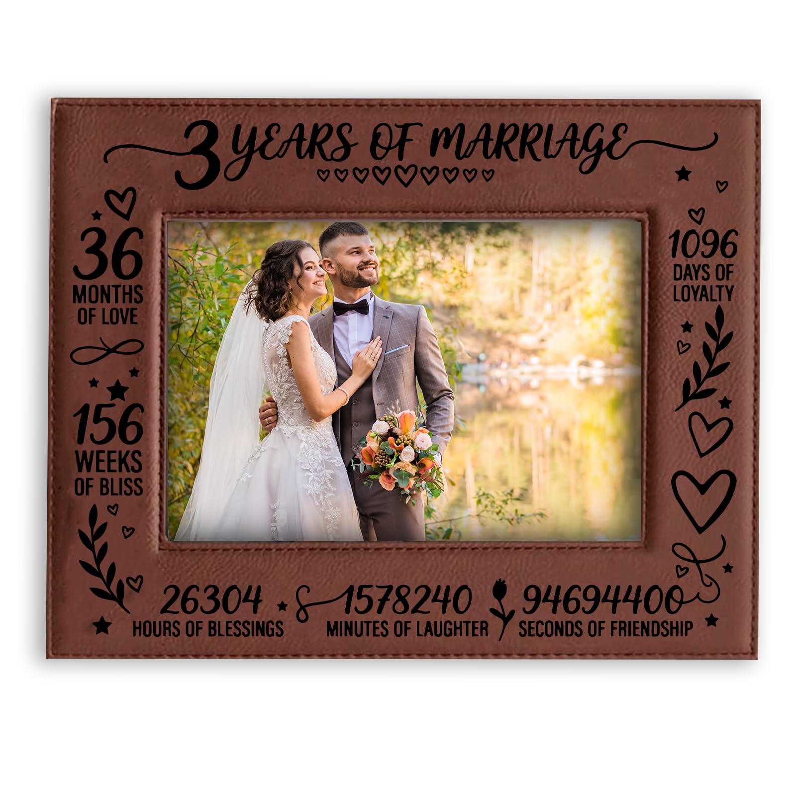 ORIGACH 3 Years of Marriage Engraved Leather Photo Frame, Hanging/Tabletop Leather Picture Frame for Wedding Gift, Husribbon & Wife Gift, Horizontal, Fits 5ร7 Inch Photo