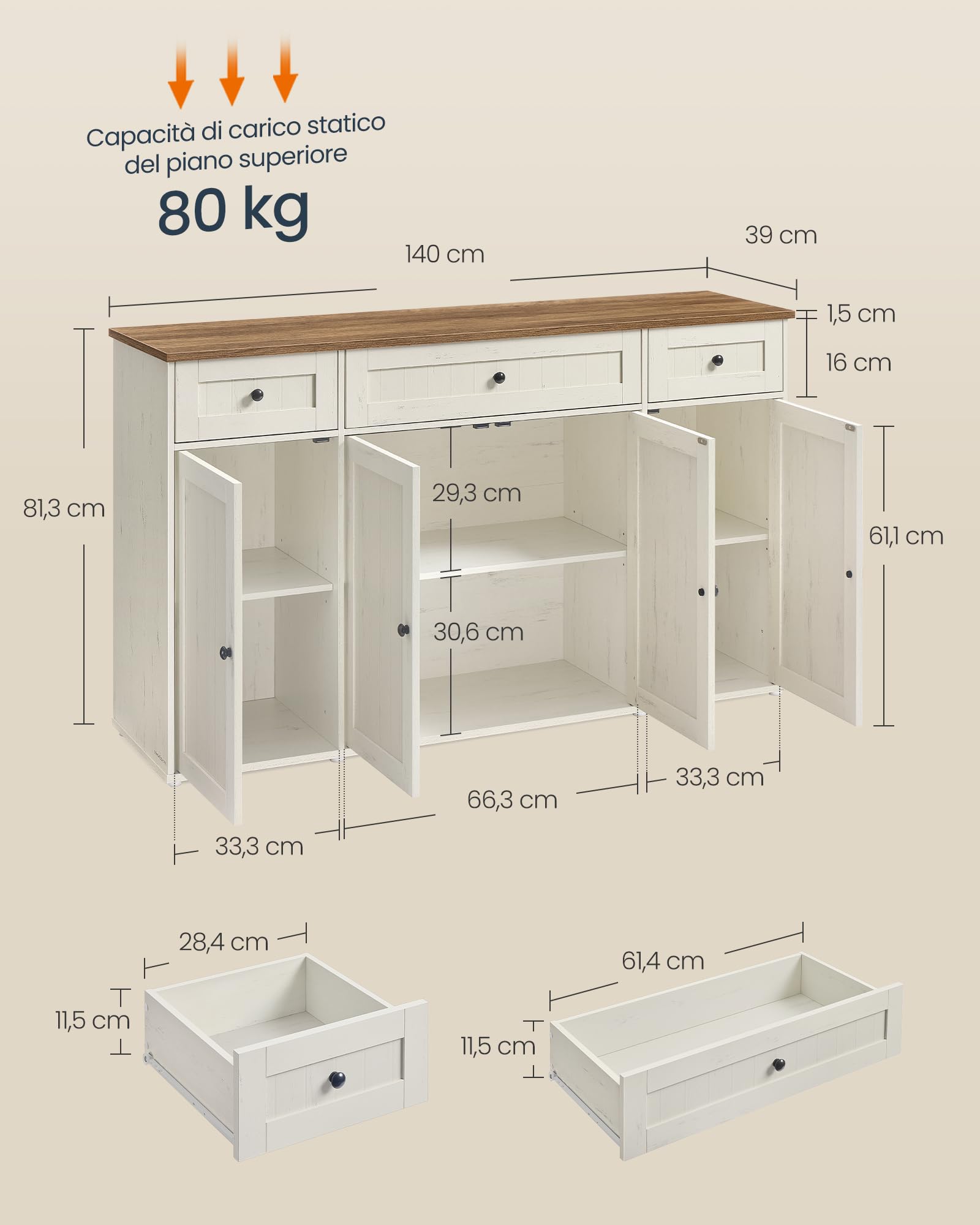 SONGMICS HOME Credenza Montaggio Rapido Senza Attrezzi Toolless, Montaggio Superveloce Senza Utensili, Mobile da Cucina con Piano, Buffet, Ripiani Regolabili, Bianco Vintage e Marrone Miele BBK376WJ02