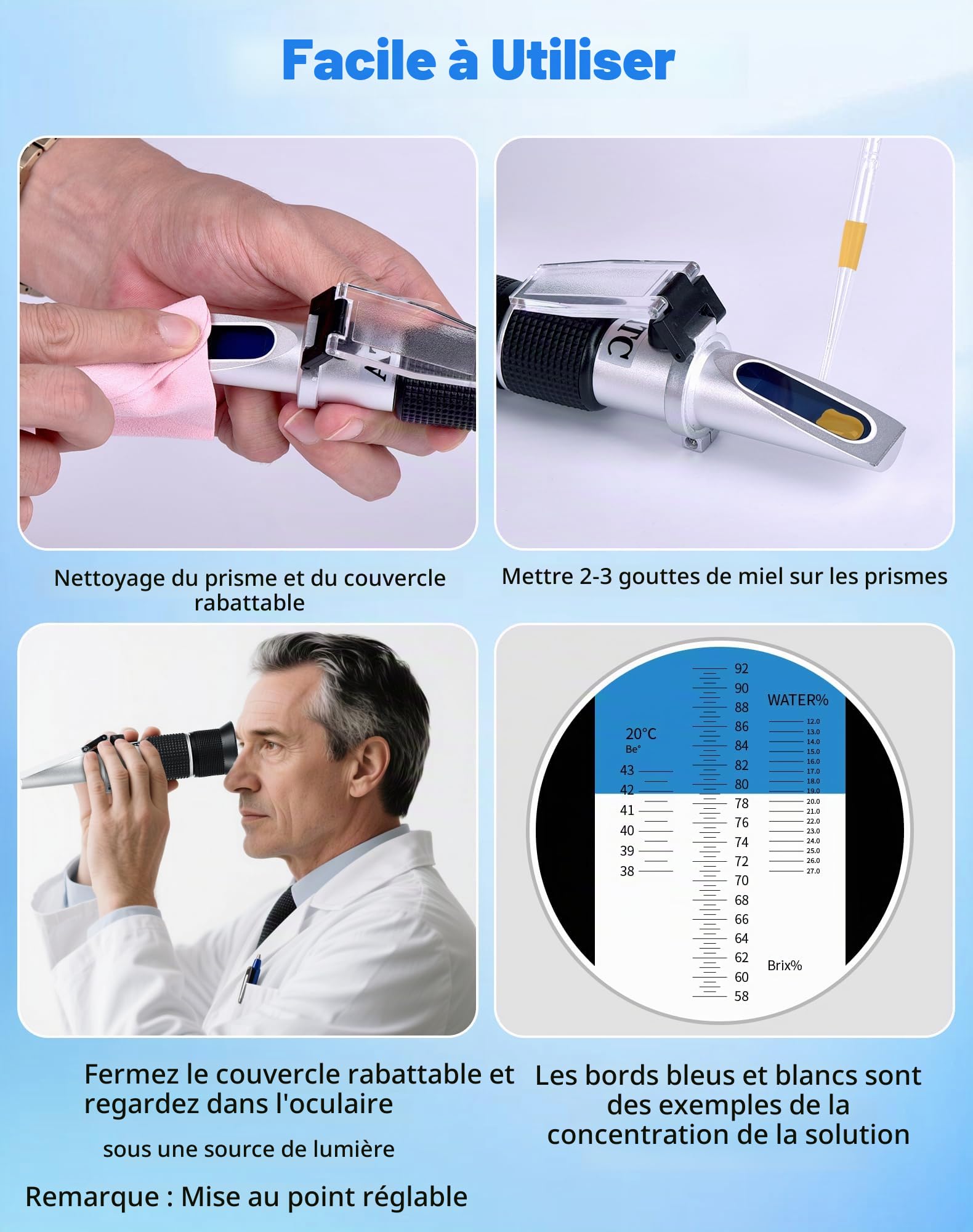Refractometre Miel avec Fonction ATC Brix 58-92% d'eau 12-27% Be° 38-43° Réfractomètre pour Miel avec Solution d'étalonnage 72.2% Réfractomètre Manuel pour Miel sirop mélasse