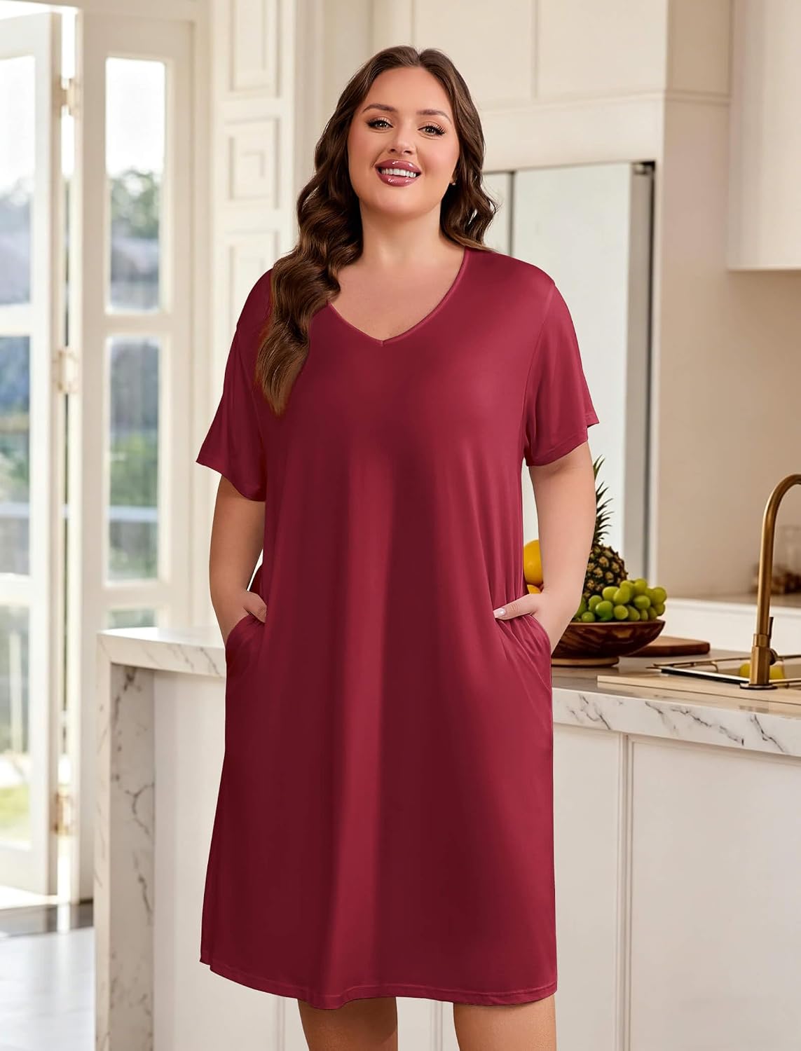 3 Pack Plus Size Nightgowns for Women Soft Printed Sleep House Dress V Neck Short Sleeve Sleepwear with Pockets