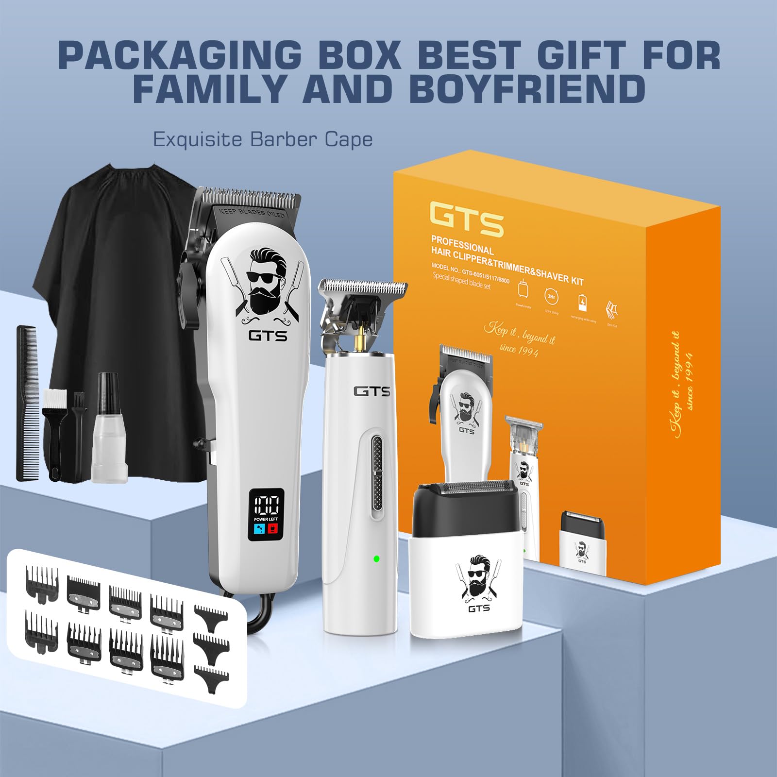 Hair Clippers for Men Professional Cordless Haircut Kit with Beard Trimmer Set, with IPX7 Electric Shavers, LED Display Rechargeable Barber Clippers for Home Use Gifts White - 5