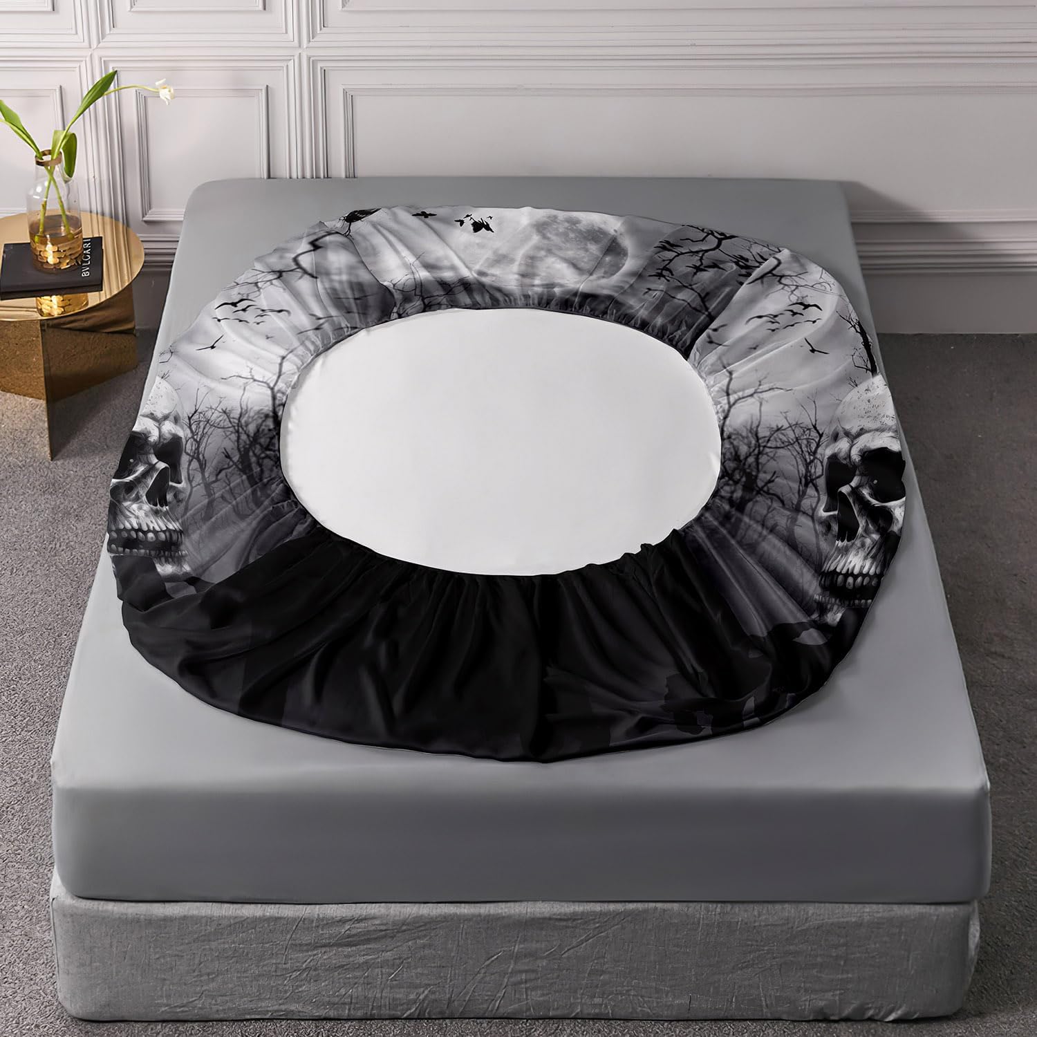 AILONEN Goth Skull Bedding Set King Size for Boys,Kids Black Skull Fitted Sheet + Flat Sheet + 2 Pillowcases,16" Deep Pocket Terror Death Moth Skeleton Bed Sheet Set