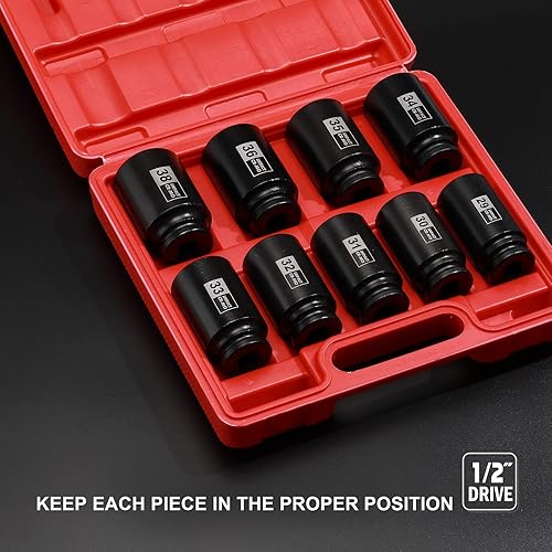 Miniatura 5 de EMENTOL Juego de dados de impacto de tuerca de eje de eje de 6 puntos, 9 unidades, 1/2 pulgadas, CR-MO, métrico, juego de dados de impacto profundo