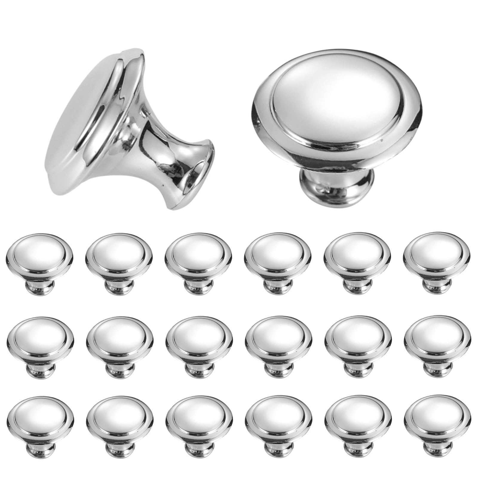 AUXBC 25 Pcs Round Drawer Knobs, Silver Cabinet Pulls, 30mm Single Hole Mushroom Style, Metal for Drawer, Closet, Dresser, Cupboard, Wardrobe, Door,