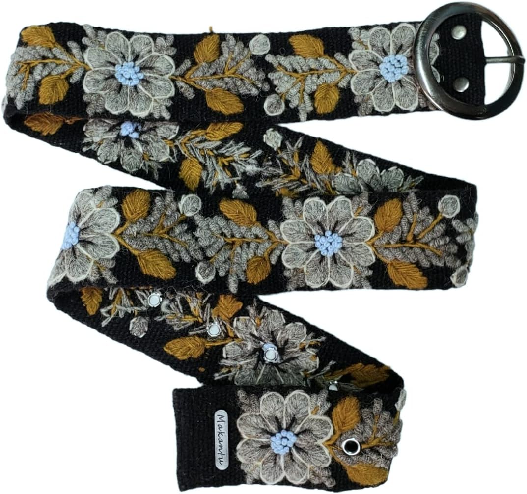 Black belt with gray flowers, handmade embroidery with natural wool in Peru, S - XL