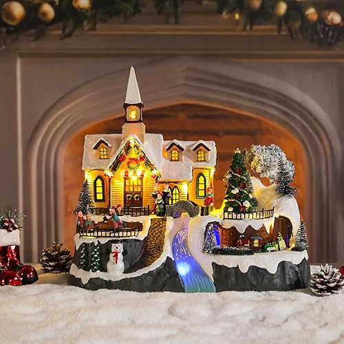 Miniatura 8 de Casa de pueblo de Navidad, edificios coleccionables de Navidad, tren de iglesia, muñeco de nieve, niños, patinaje con luces LED, aldea de vacaciones