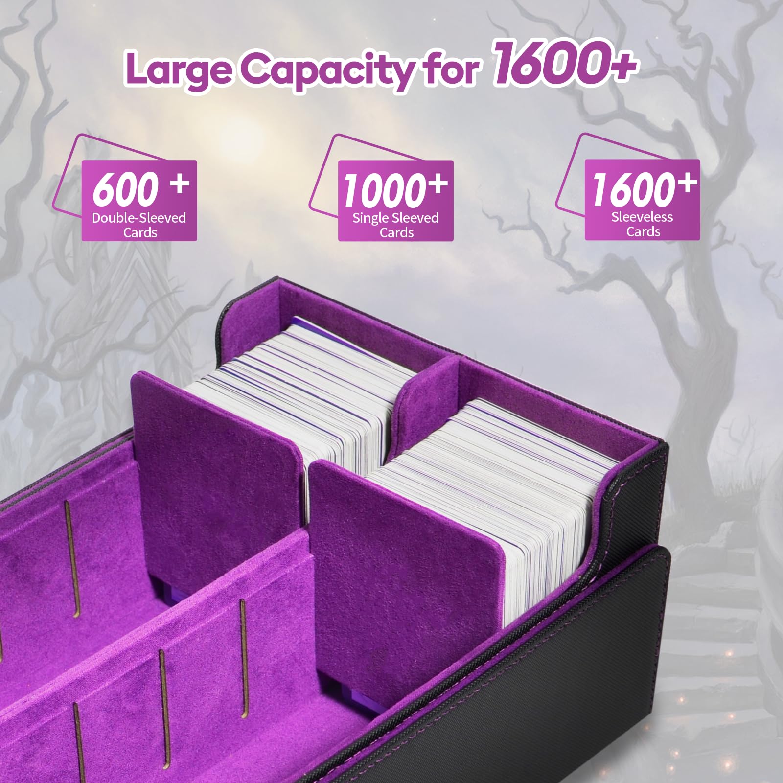 tombert Boîte de rangement pour cartes MTG PTCG, grande capacité, avec 4 compartiments et 4 cartes enfichables, plus de 1200 cartes de commander, en cuir synthétique, noir et violet