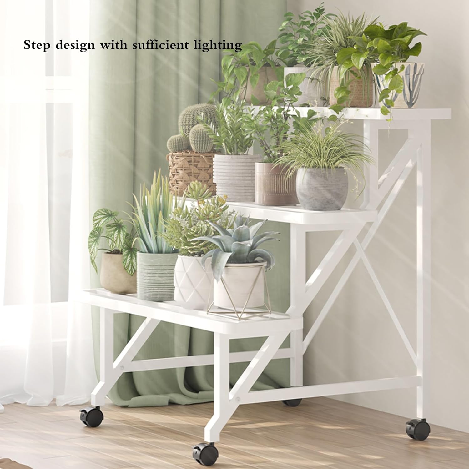 Plant-Racks Versatile Plant Stand - Rolling Iron Flower Rack for Indoor/Outdoor, 2/3-Layer Staircase Design for Potted Plants, Shelf for Patio, Balcony Living Room(White,3layers 100cm)