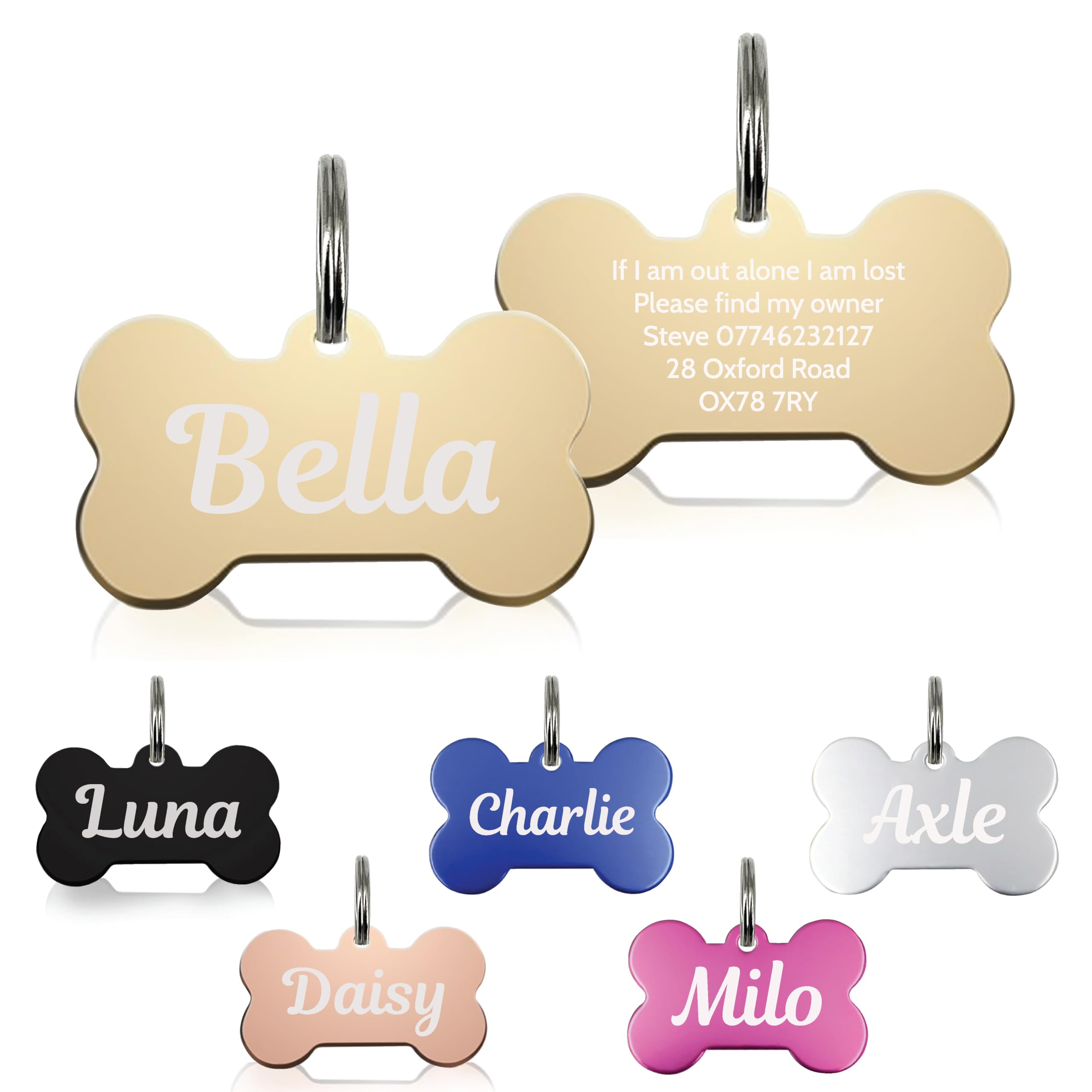 Personalised Dog Tags for Pets Engraved UK Cat Dog Name Identity Pet Tags Doggy Kitten Kitty Puppy Deep Engraved ID Stainless Steel (Bone Shape - Gold)
