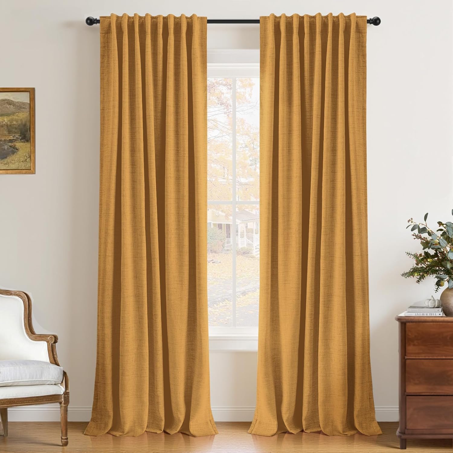 INOVADAY 100% Blackout Curtains 96 Inches Length 2 Panels Set, Back Tab/Rod Pocket Linen Black Out Curtains for Bedroom, Thermal Insulated Window Drapes - Dijon Mustard, W50 X L96 #35 Dijon Mustard 50"W x 96"L (Pack of 2)