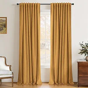 INOVADAY 100% Blackout Curtains 108 Inches Length 2 Panels Set, Back Tab/Rod Pocket Linen Black Out Curtains for Bedroom, Thermal Insulated Window Drapes - Dijon Mustard, W50 X L108