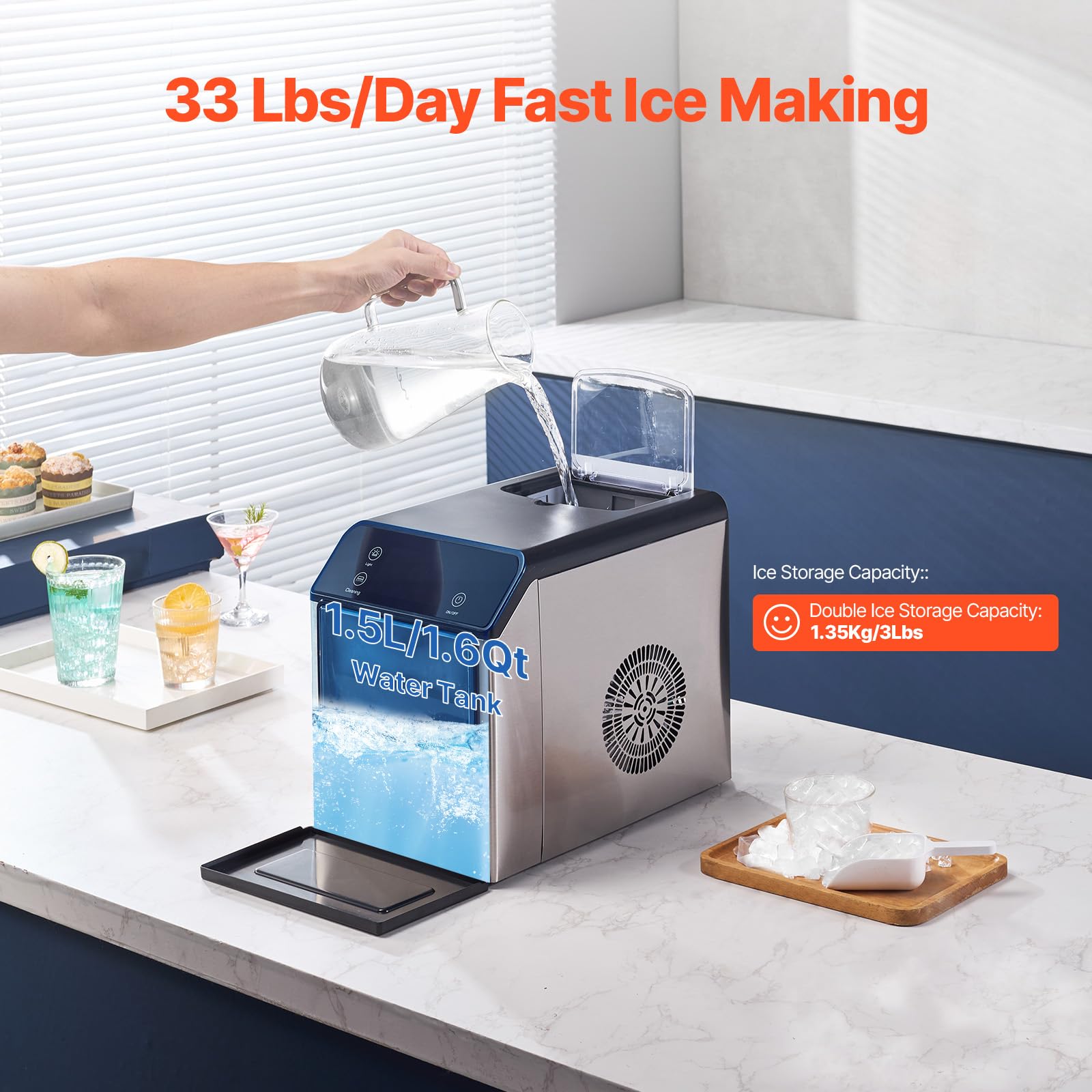 Happybuy Nugget Ice Maker - 33lbs Daily Output! Self - Cleaning, Chewable Ice. Comes With Scoop & Tray. Stainless Steel, Ideal For Home, Kitchen, Office​ on Fridge.com - View 3
