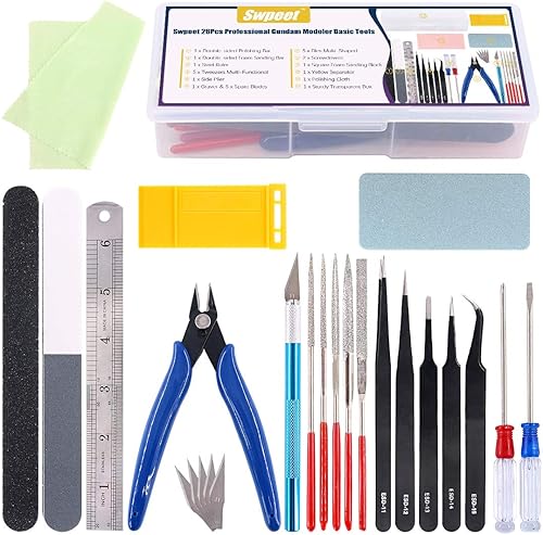 Swpeet 26 piezas compatibles con Gundam Modeler Herramientas básicas con contenedor de plástico de servicio, kit profesional de repuesto para