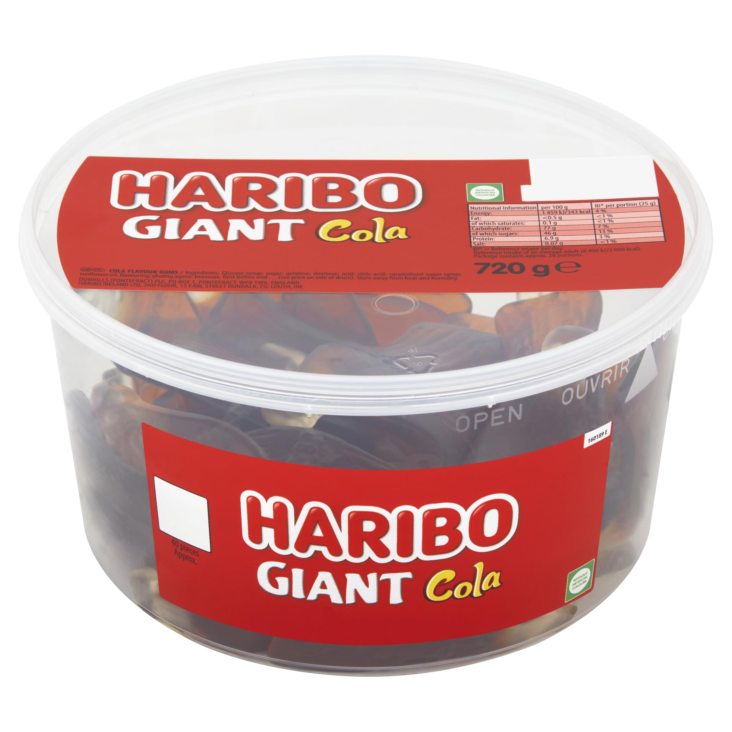 HARIBO Giant Happy Cola – 40 Pieces of Fruity Gummy Cola Sweets – 720g Sweets Tub