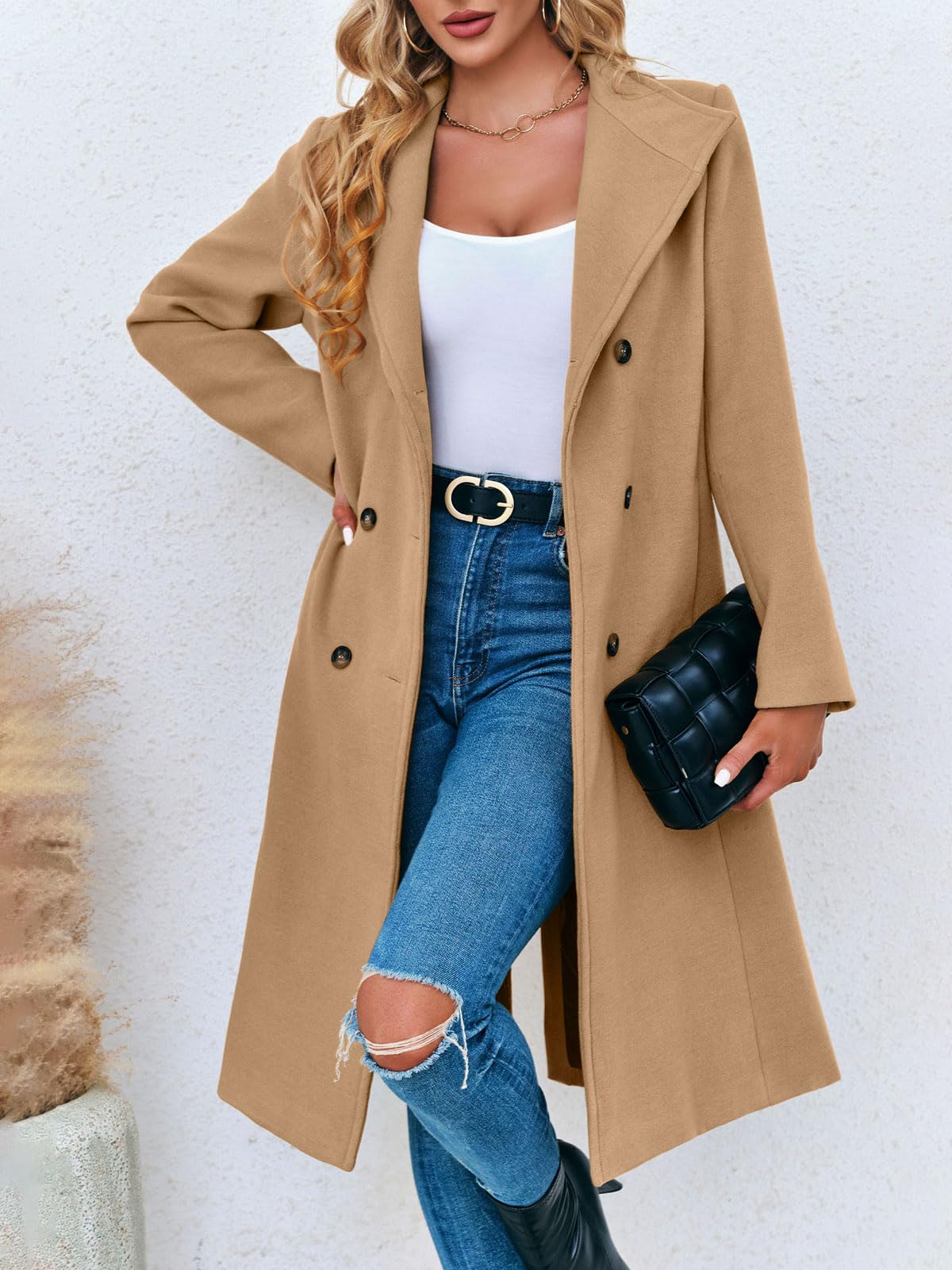 Fisoew Cappotto doppiopetto da donna, lungo, invernale, lavoro, ufficio, soprabito con tasche e cintura
