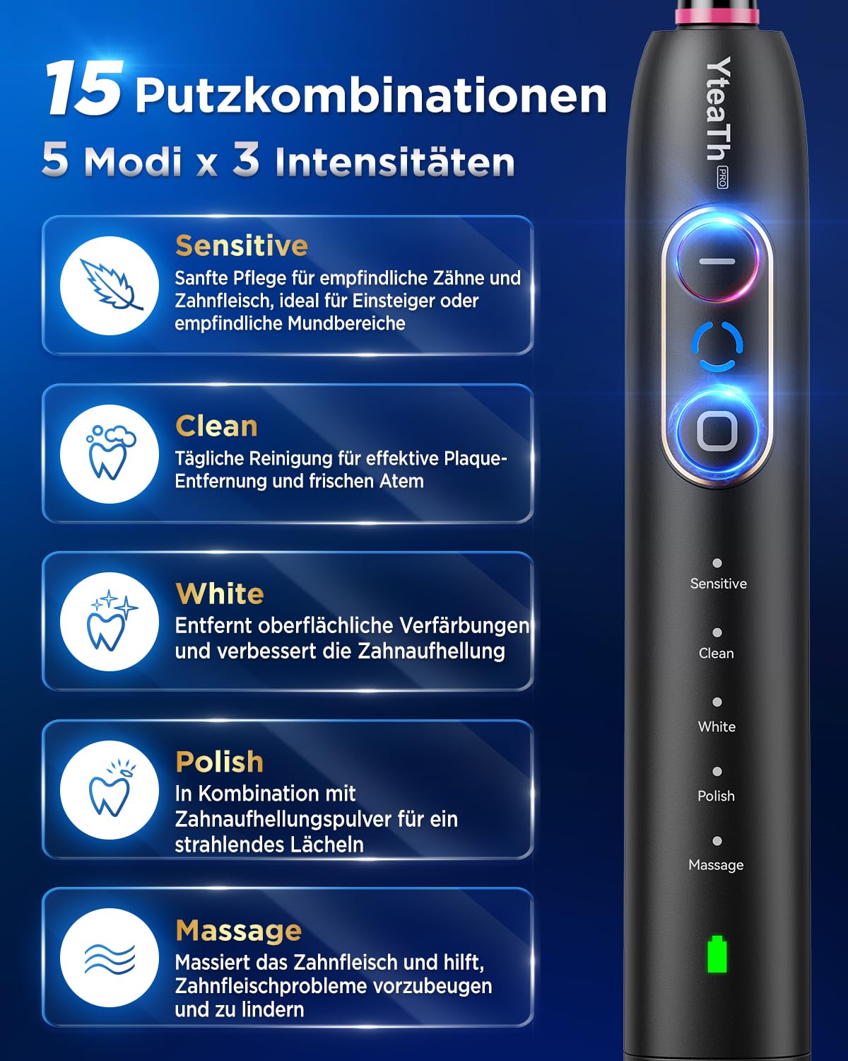 Rotierend Elektrische Zahnbürsten Doppelpack mit 10 Aufsteckbürste | 3 Intensitäten, 5 Modi, Wandhalterung Ladestation, 2 Typen Aufsteckbürste， wasserdicht IPX7