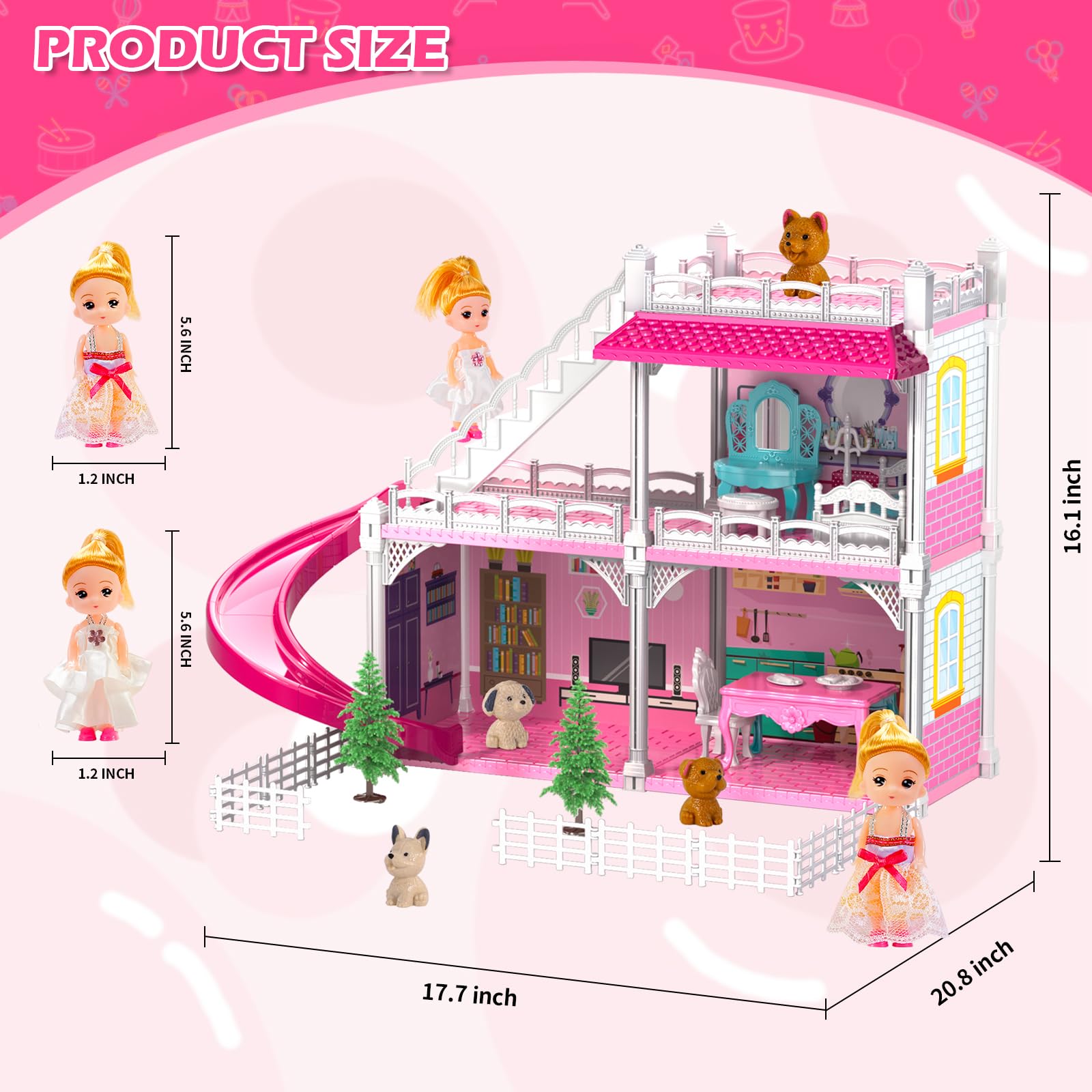 DIY Dollshouse for Girls 4-8 - 2-Story House with 3 Themed Rooms, 2 Dolls, 4 Dogs, Slide & Yard - Dolls House Toys for Imaginative Play