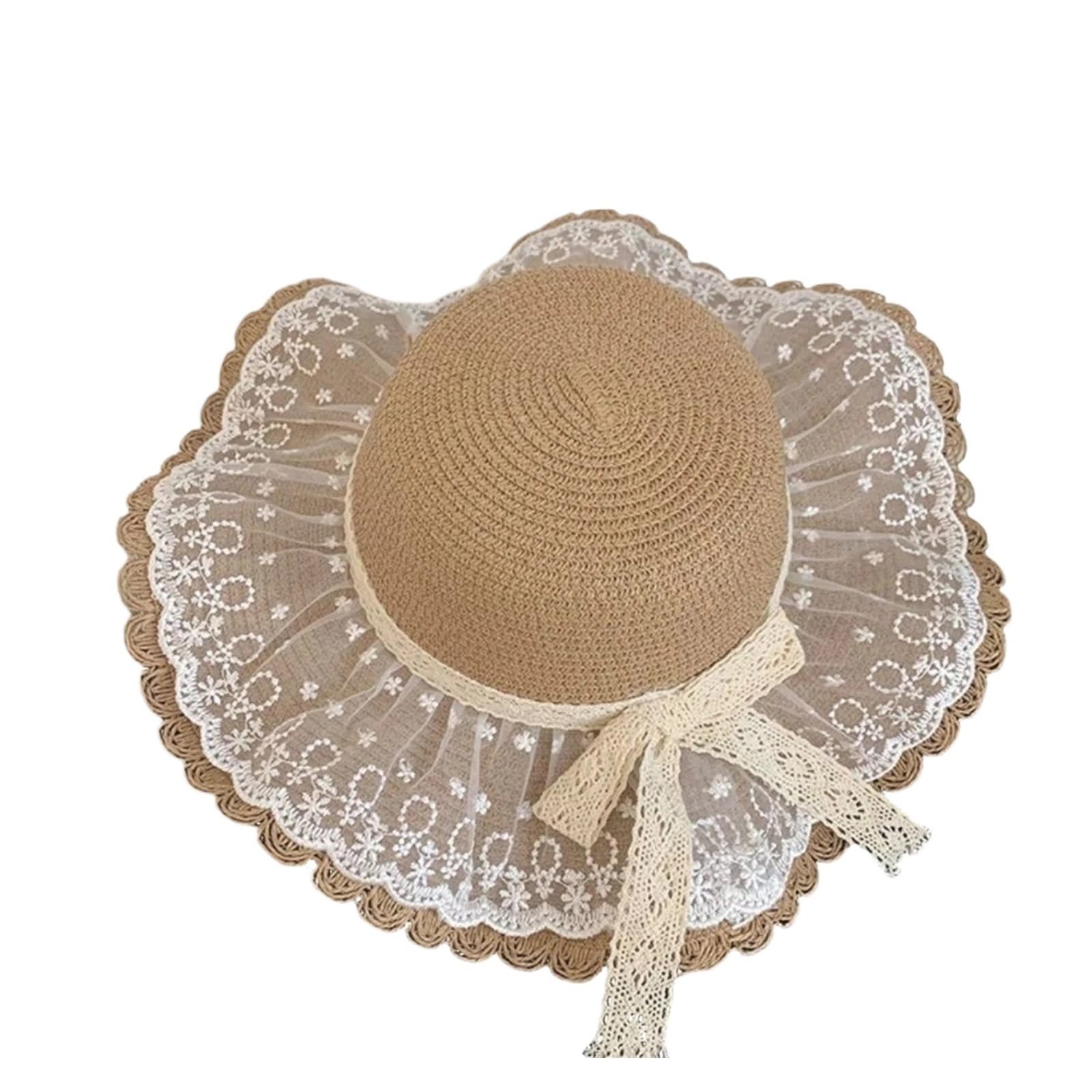 MRKU Chapeau de Soleil d'été pour Femme, idéal pour la Plage. Chapeau bob en Paille avec nœud en Dentelle, Protection UV et Large Bord.