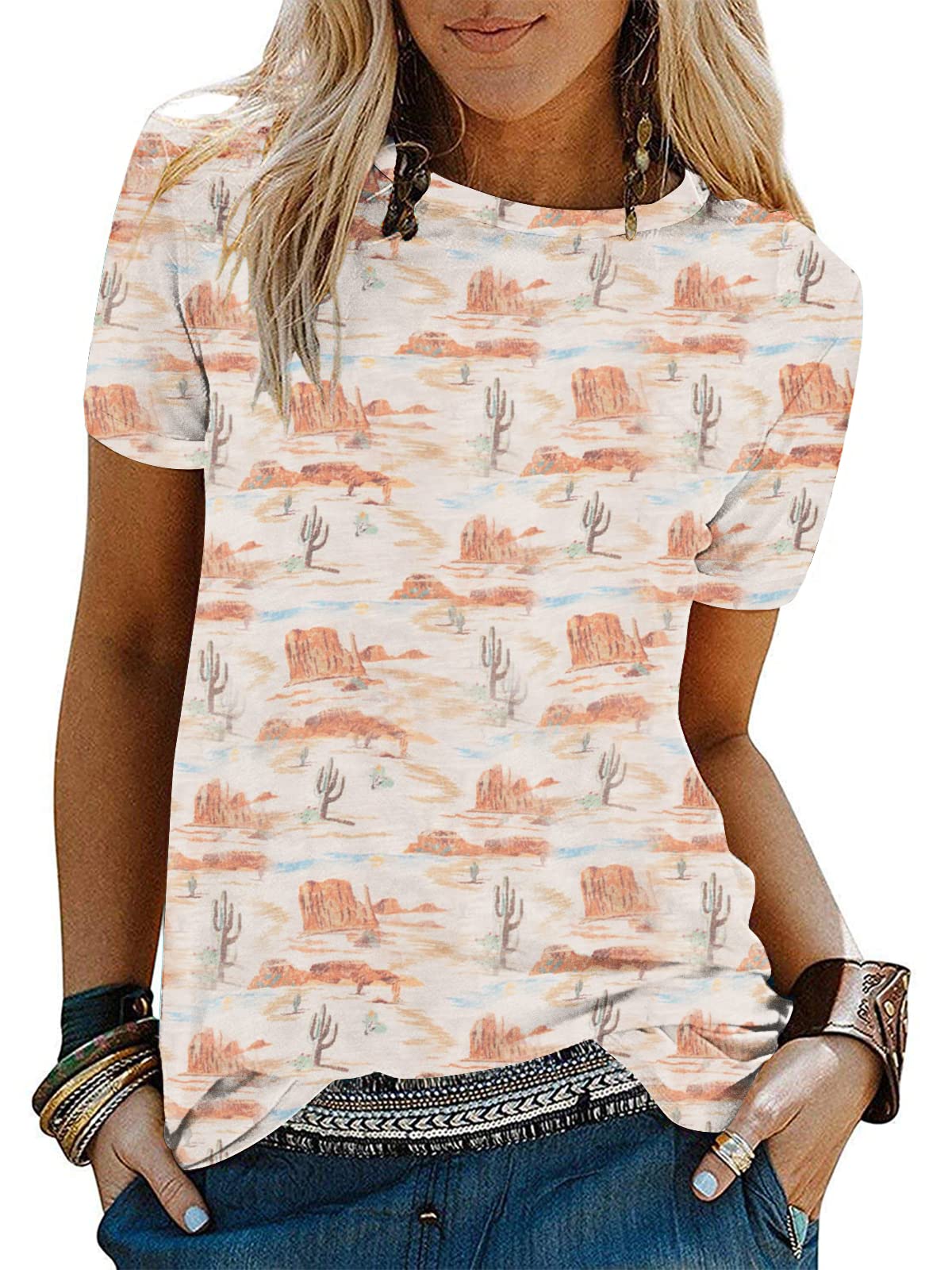 Graphic Shirts for Women Cactus Desert Graphic Tees Short Sleeve Tops
