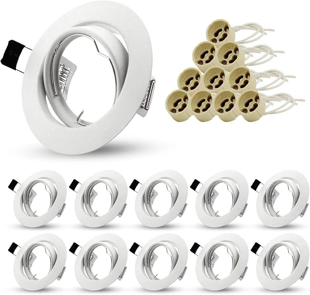 Modern Recessed Spot Light Fittings for Ceiling Mounted Round White Finish Frame for Down Lights 30° Tilt Adjustable with GU10 Lampholder(Pack of 10)