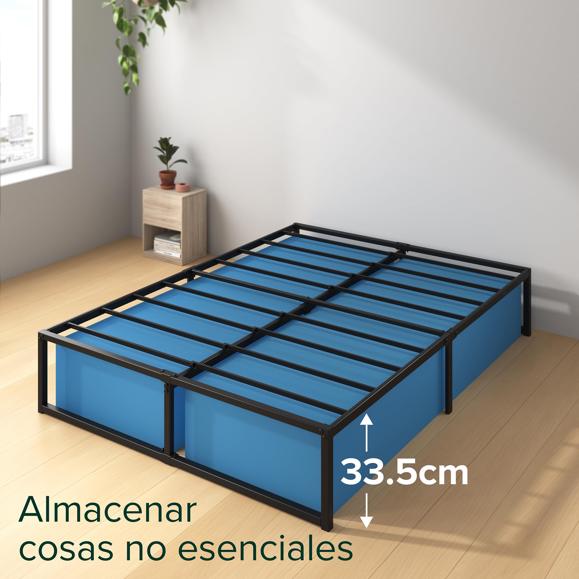 Zinus Lorelai Somier 135x190 cm - Altura 36 cm - Base Cama Matrimonio en Acero - Láminas de Metal - Montaje Fácil- Espacio de Almacenamiento - Negro