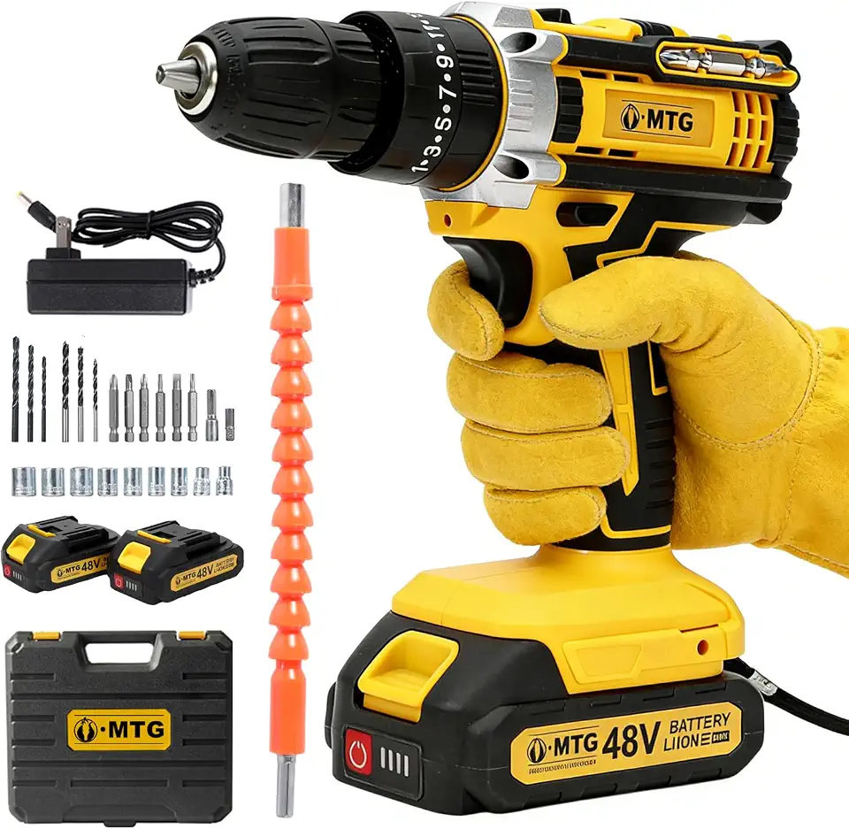 48v Kit Parafusadeira e Furadeira Sem Fio 1750 RPM 45N.m, 10mm Furadeira Parafusadeira com 2 Baterias 2600 mAh, Kit de 24 Acessórios e Maleta 127/220v