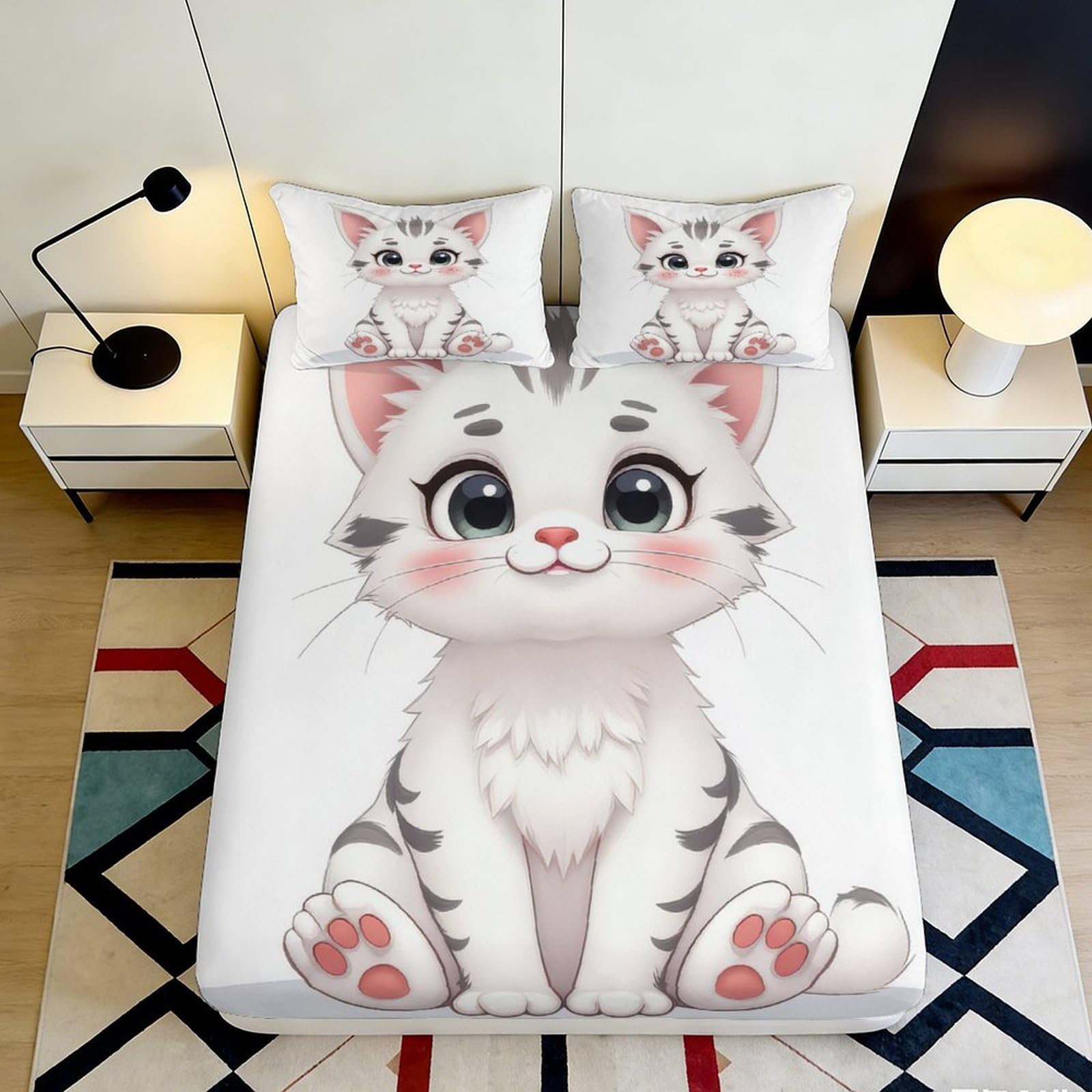 3D Printed Cute Cat Fitted Sheet Microfiber Soft Anti-Slip Cartoon Kitten Mattress Cover for Bedroom Dorm Decor 120x200cm 180x200x25cm